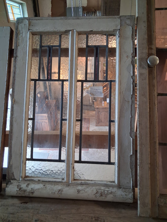 Antique Double Panel Leaded Glass Window with Geometric Design