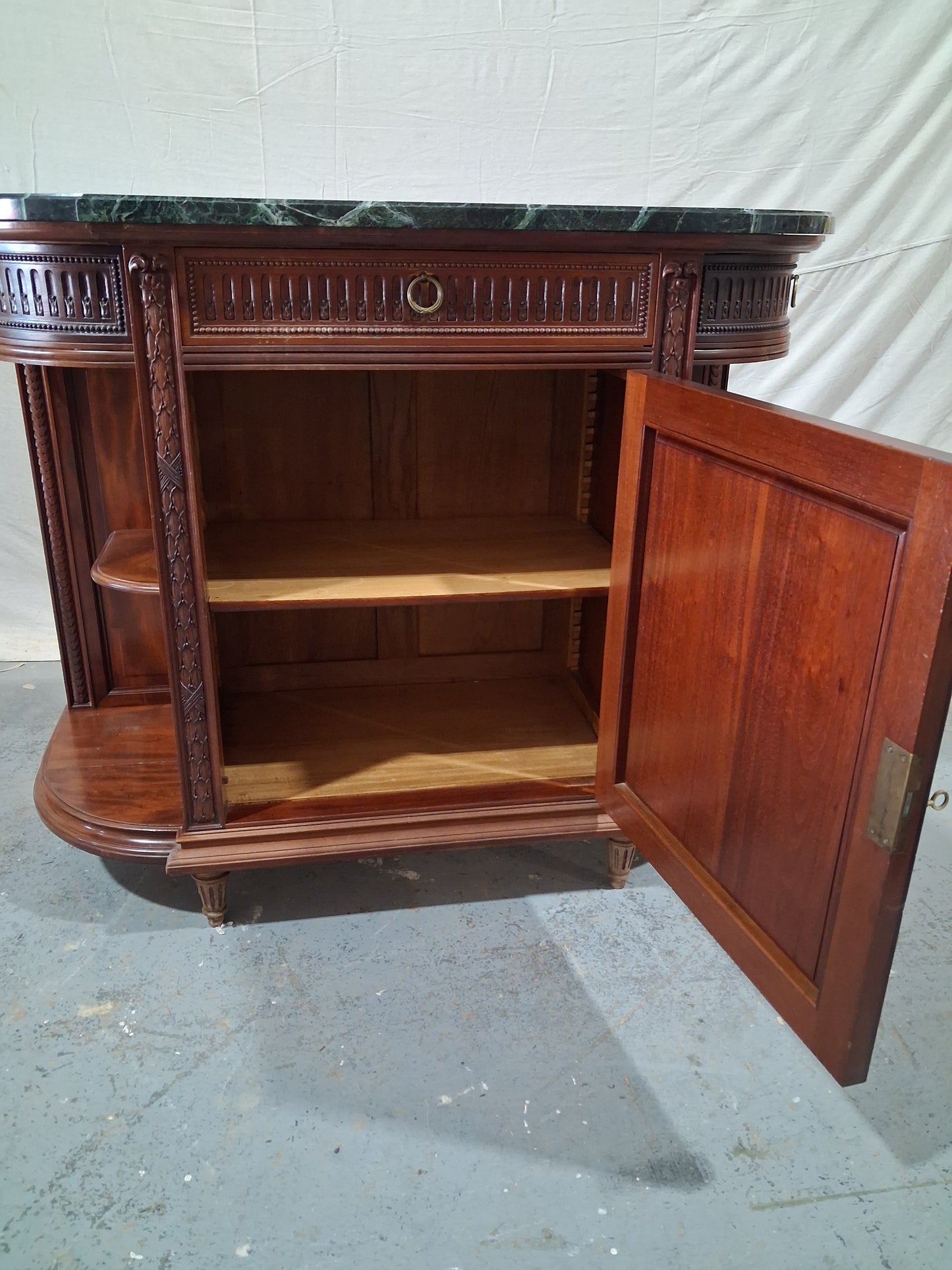 Antique French Louis XVI Revival Mahogany Marble Top Dining Room Suite, Circa 1890