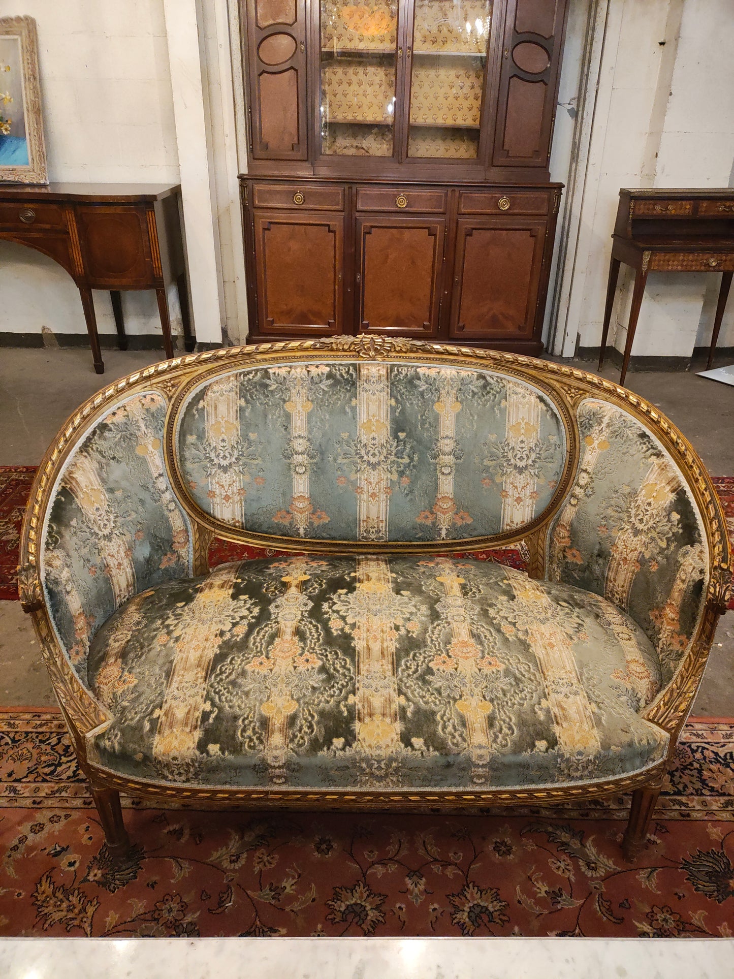 Antique French Giltwood Salon Seating Set, Settee and Four Chairs, c.1900