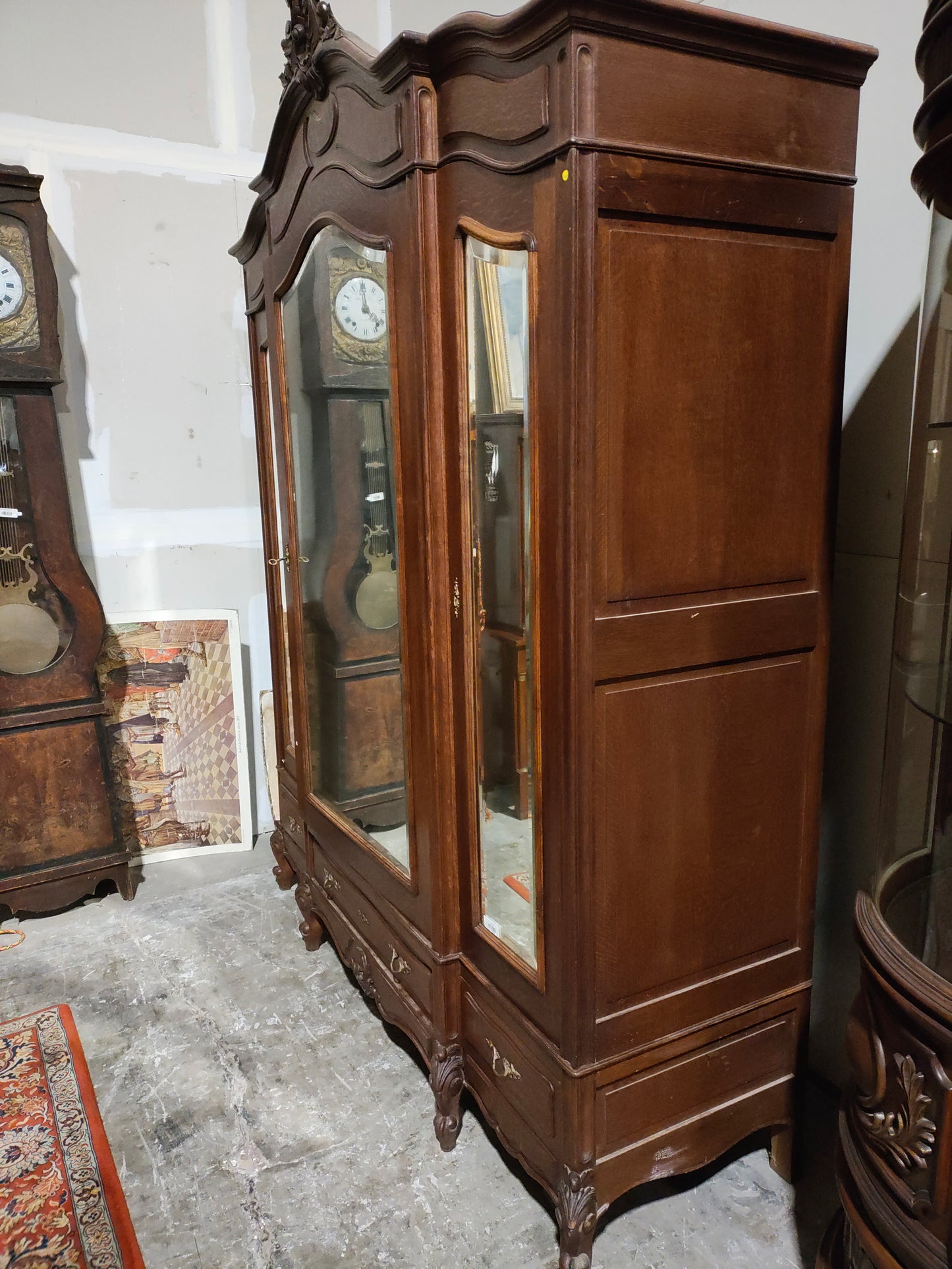 Antique French Louis XV Revival Triple-Door Mirrored Armoire