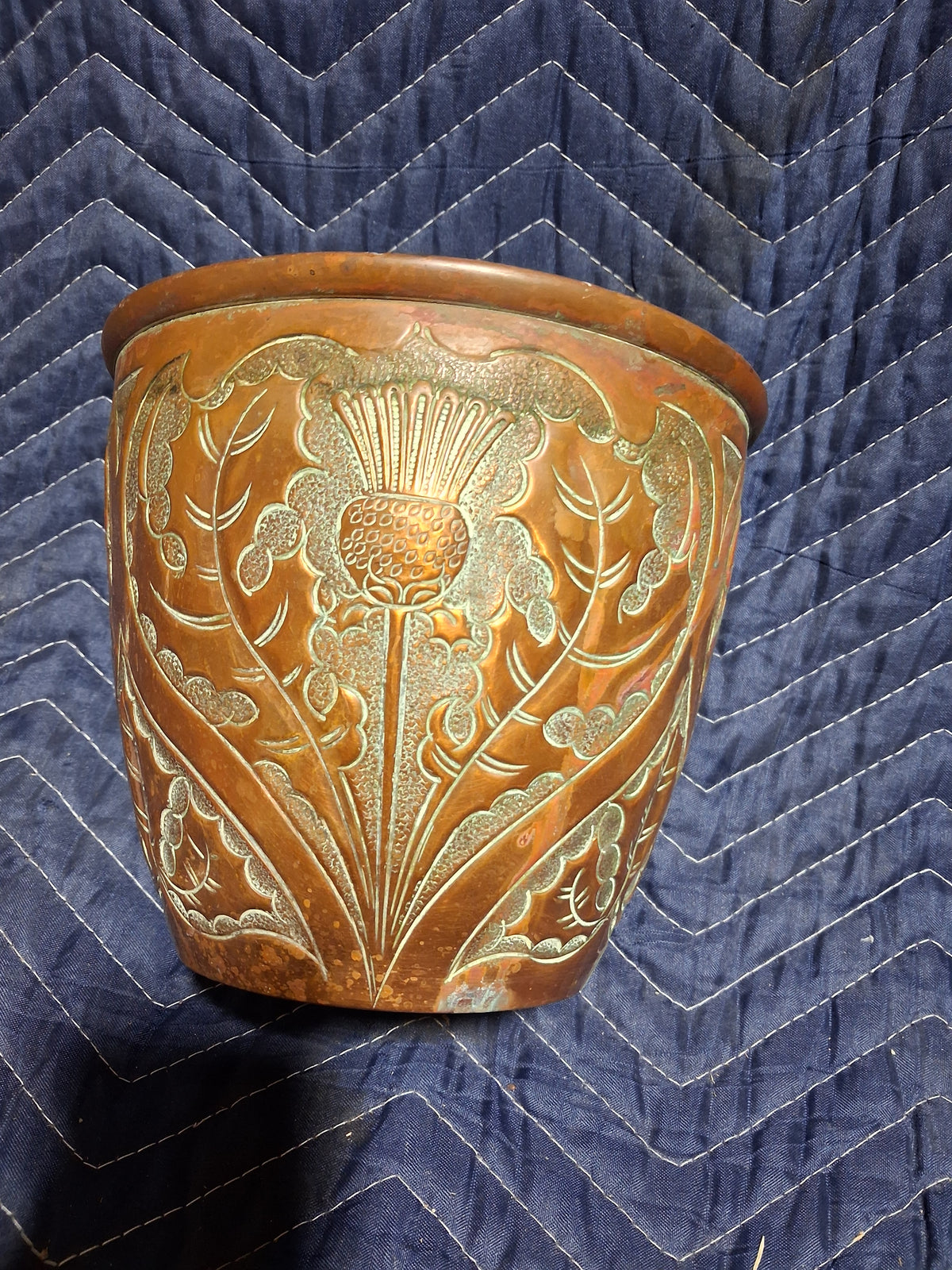 Pair of Art Nouveau Copper Cachepots with Repoussé Botanical Decoration