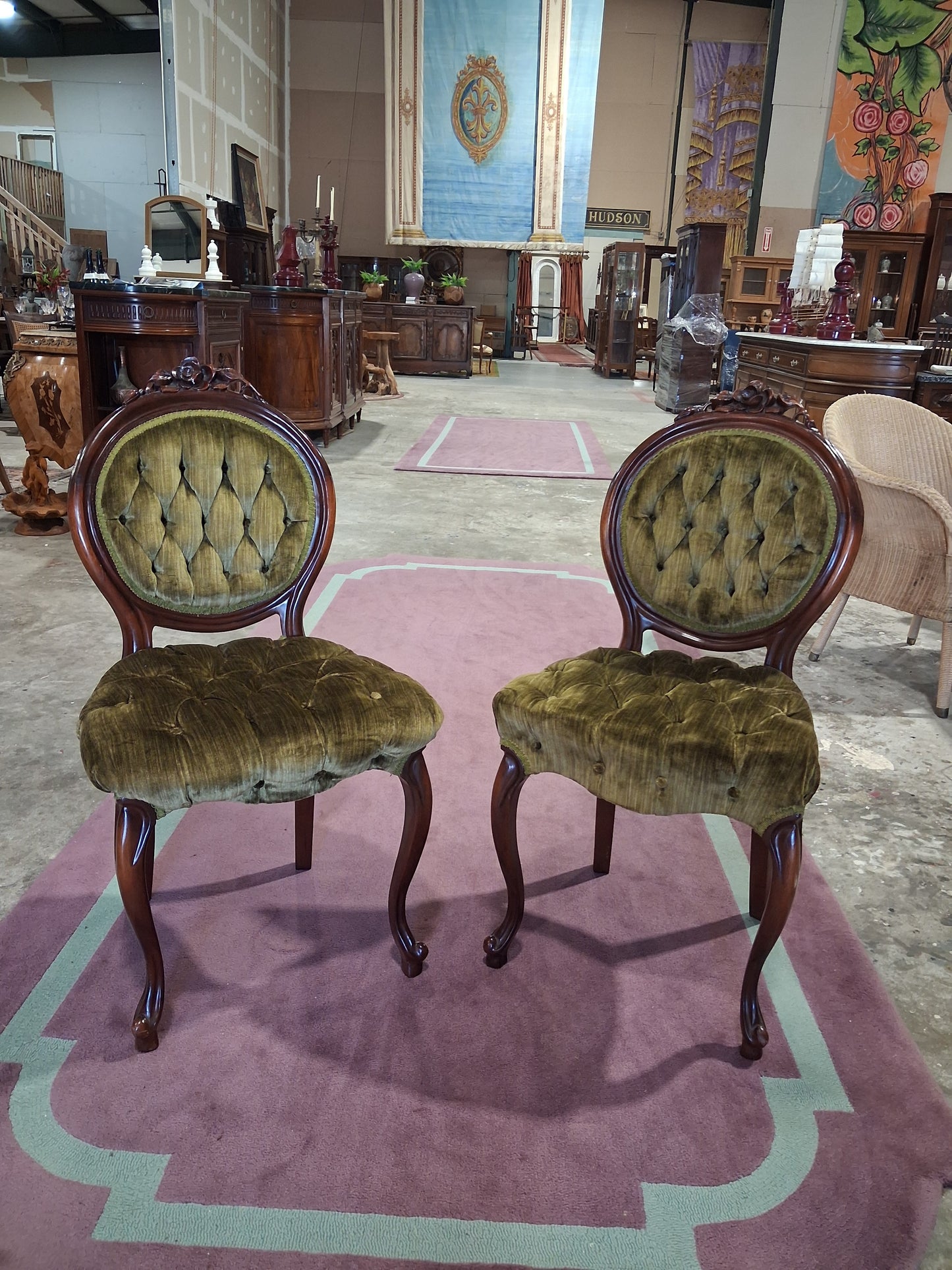 Pair of Victorian velvet green chairs