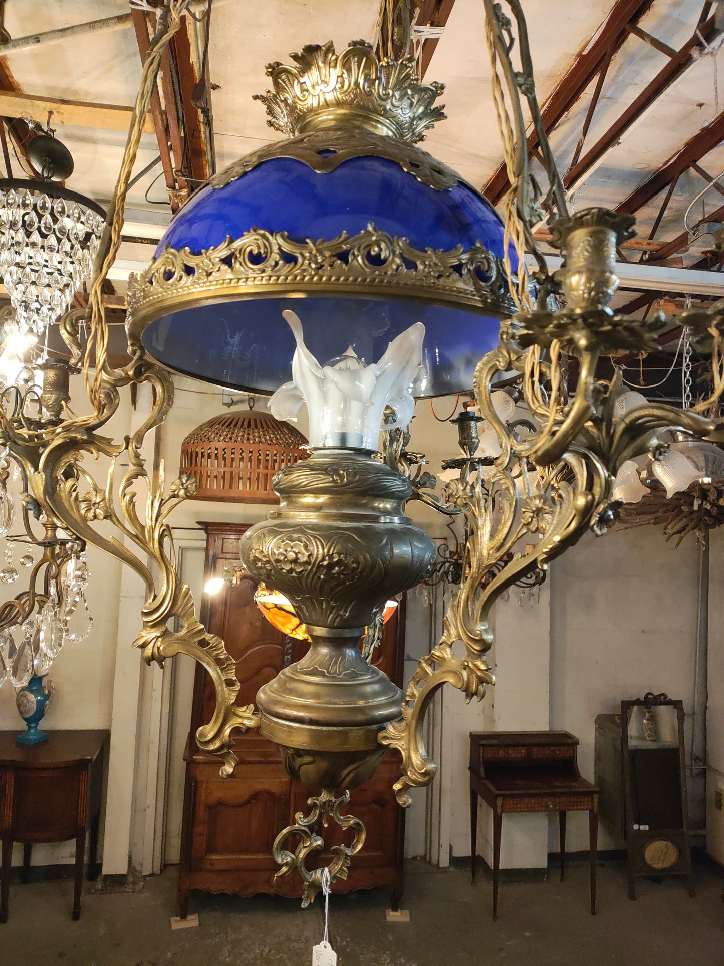 1880s French Bronze and Cobalt Opaline Chandelier – Var Region, Provence