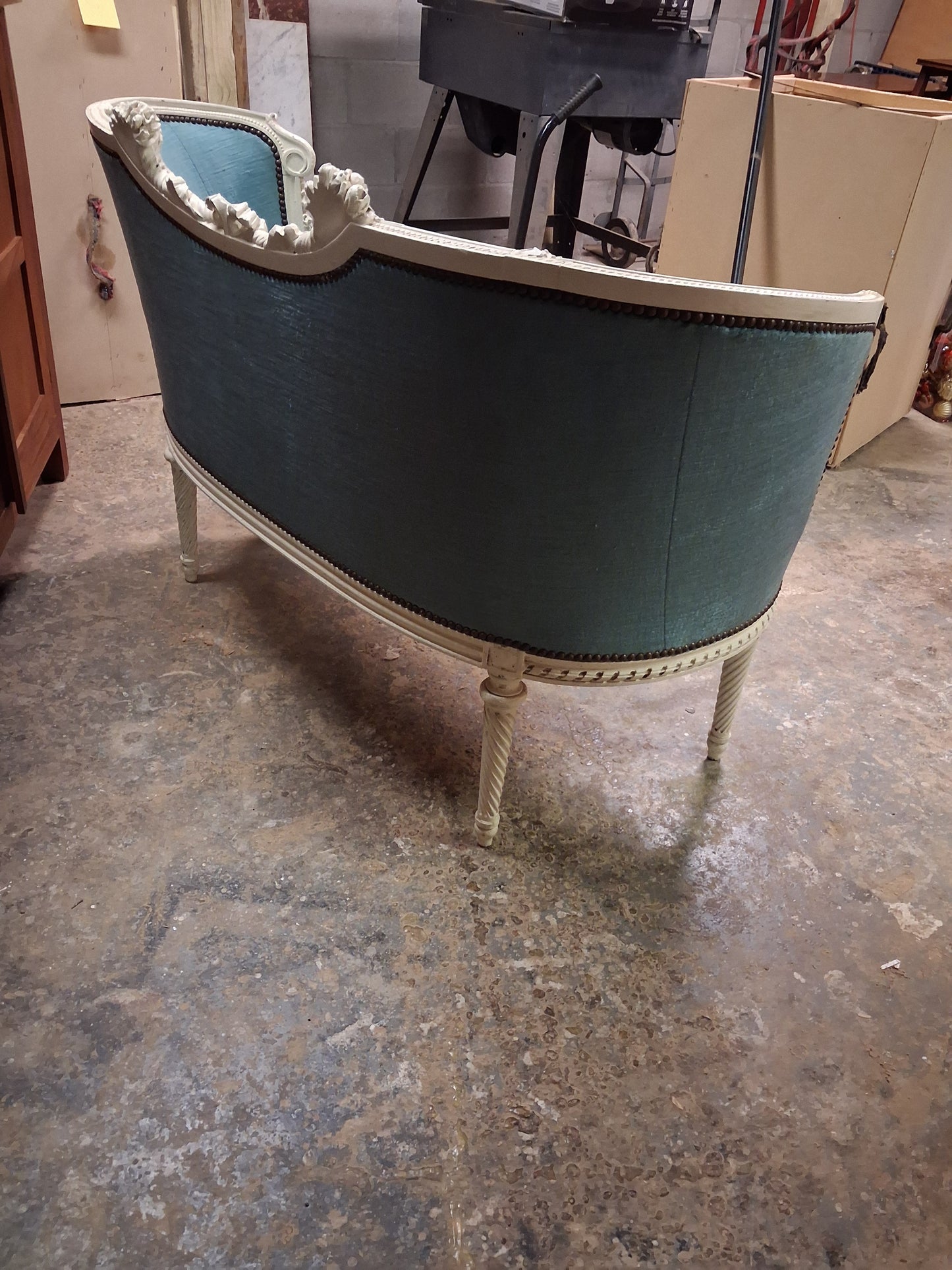 French Louis XVI Style Painted Settee with Tufted Blue Upholstery, Circa 1920