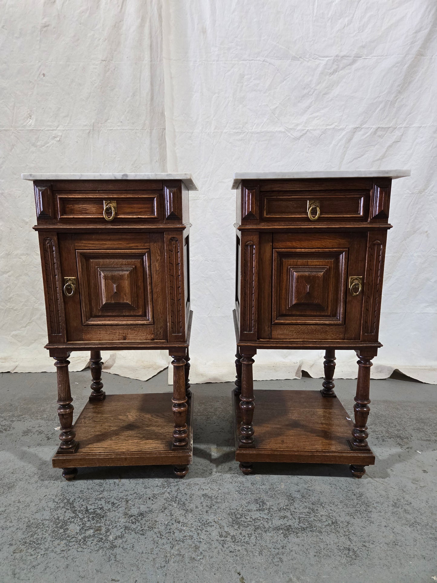 Late 1800s French Revival Oak Nightstand Pair