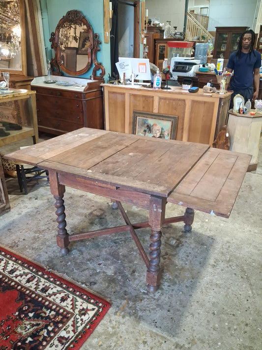 English Jacobean Revival Oak Gateleg Dining Table with Barley Twist Legs