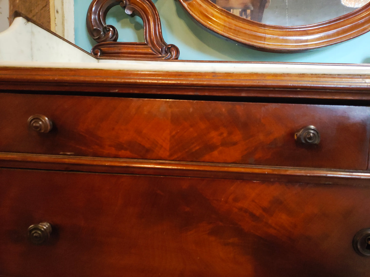 Antique Victorian Marble Top Dresser with Carved Mirror