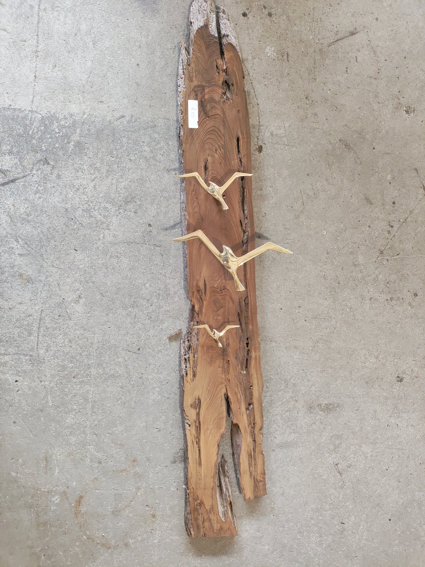 Mid-Century Modern Brass Bird Hook Rack on Live Edge Wood Slab