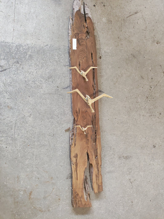 Mid-Century Modern Brass Bird Hook Rack on Live Edge Wood Slab