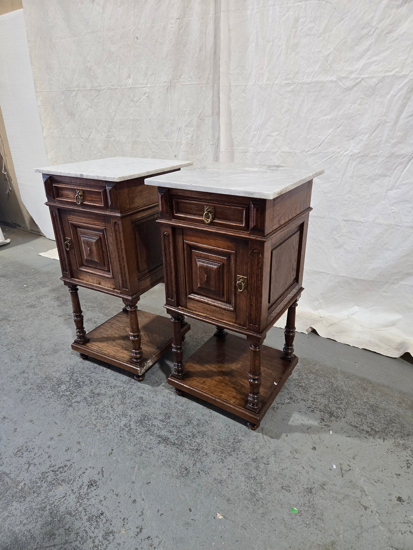 Late 1800s French Revival Oak Nightstand Pair