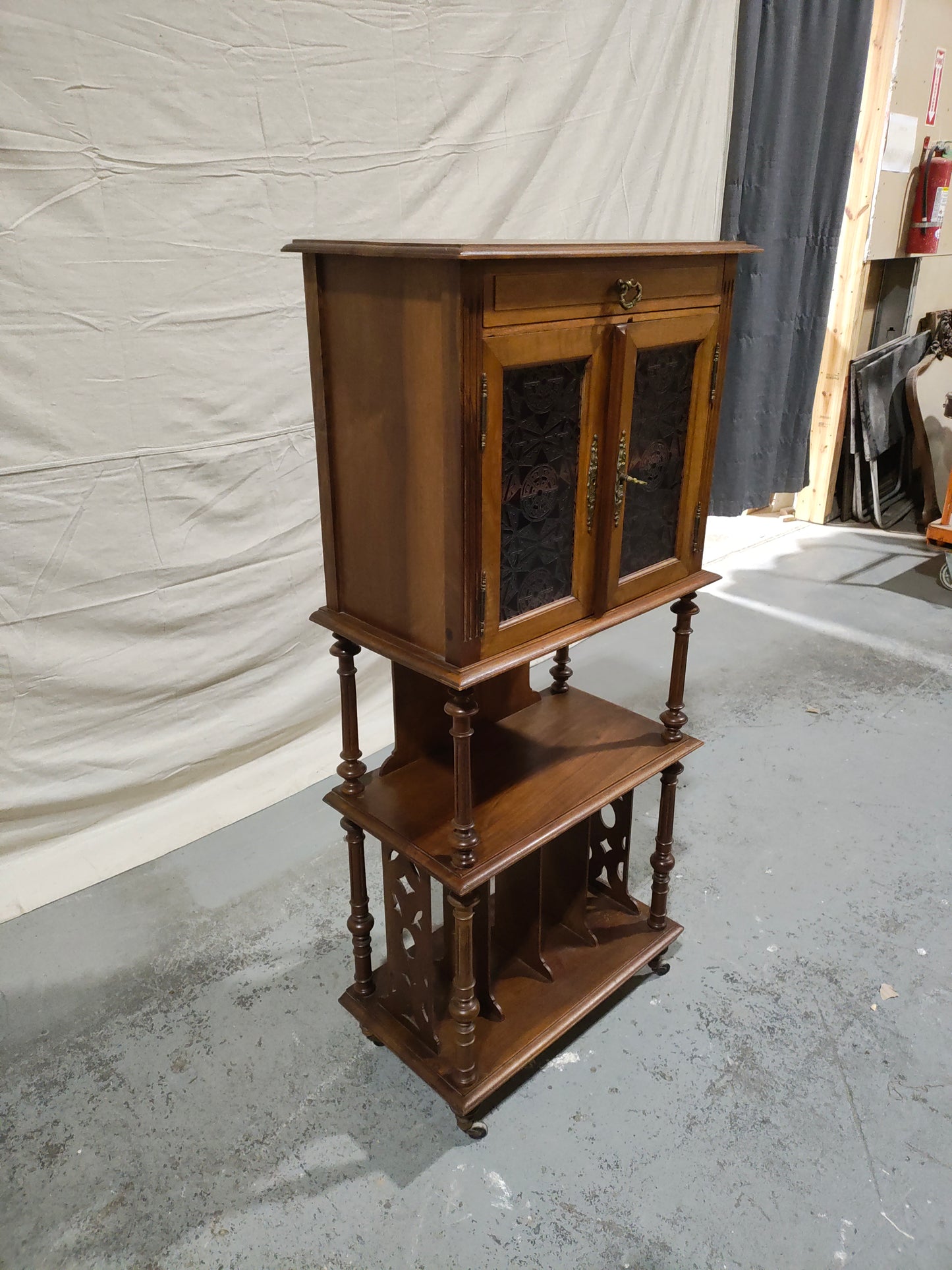 Antique Victorian Walnut Sheet Music Cabinet / Record Cabinet with Patterned Glass