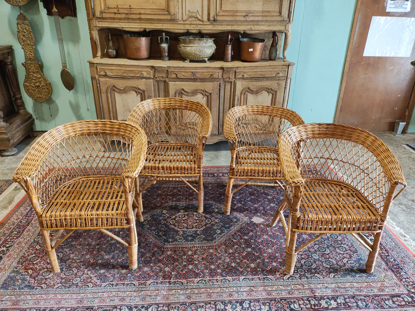 Mid-Century Rattan Barrel Back Lounge Chairs with Round Wicker Table – Set of 5