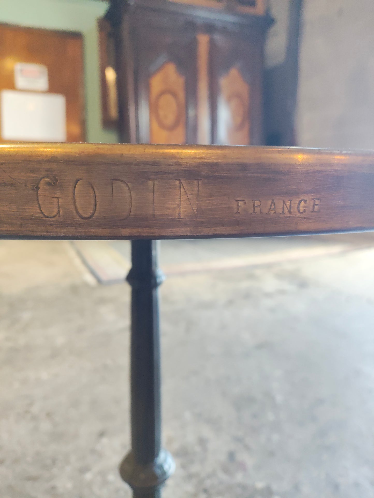 Antique French Marble-Top Bistro Table by Godin Cast Iron Café Base