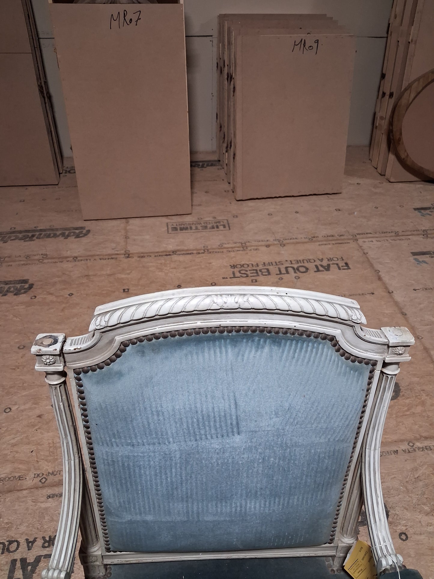 Pair of French Louis XVI Style Painted Fauteuils with Blue Velvet Upholstery