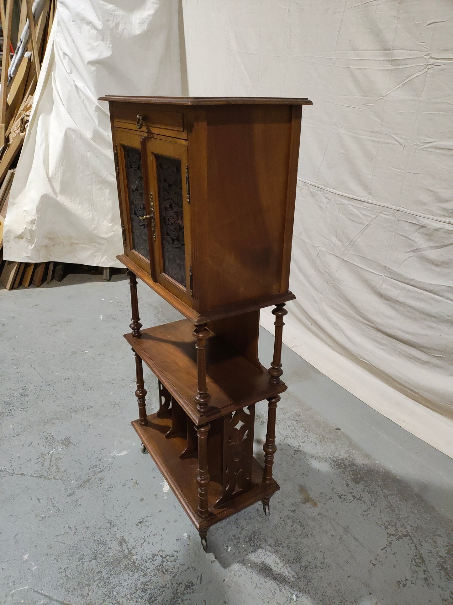 Antique Victorian Walnut Sheet Music Cabinet / Record Cabinet with Patterned Glass