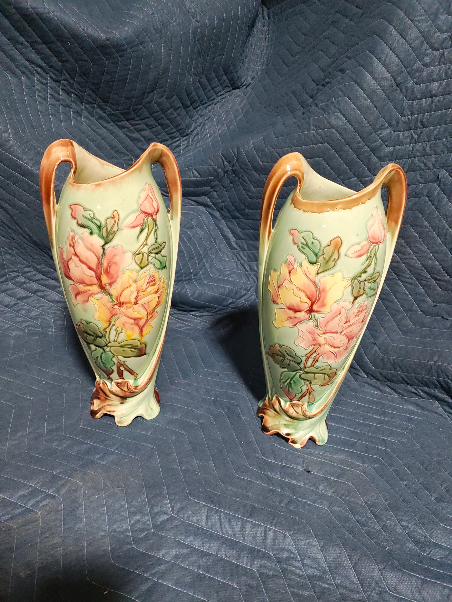 Pair of Art Nouveau Majolica Floral Vases, Austria Circa 1900