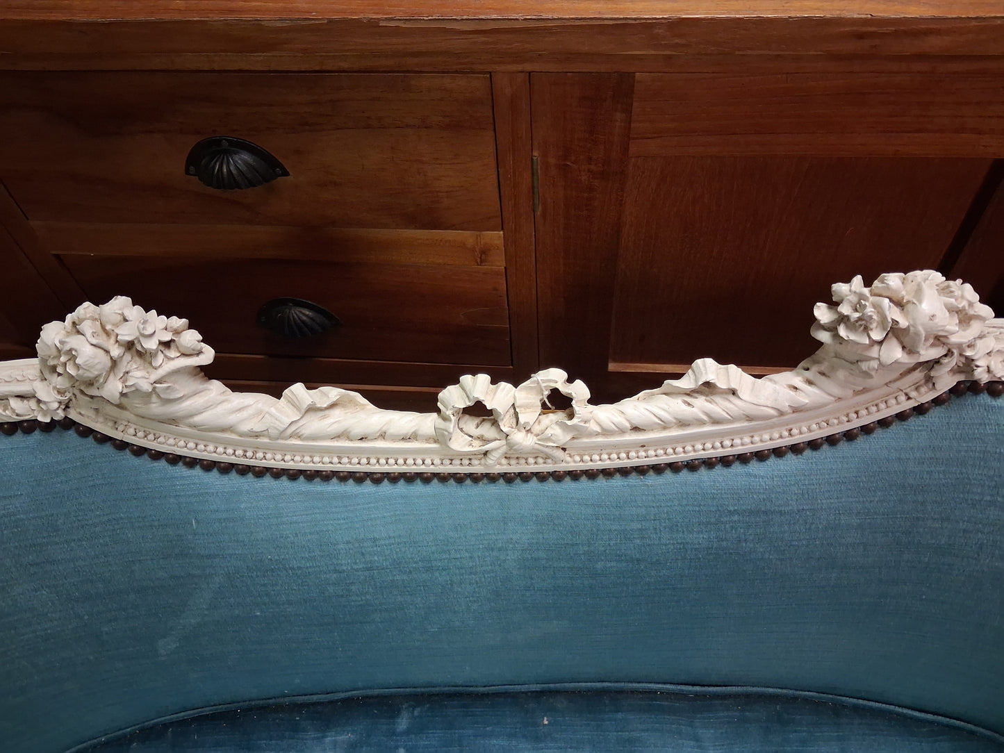 French Louis XVI Style Painted Settee with Tufted Blue Upholstery, Circa 1920