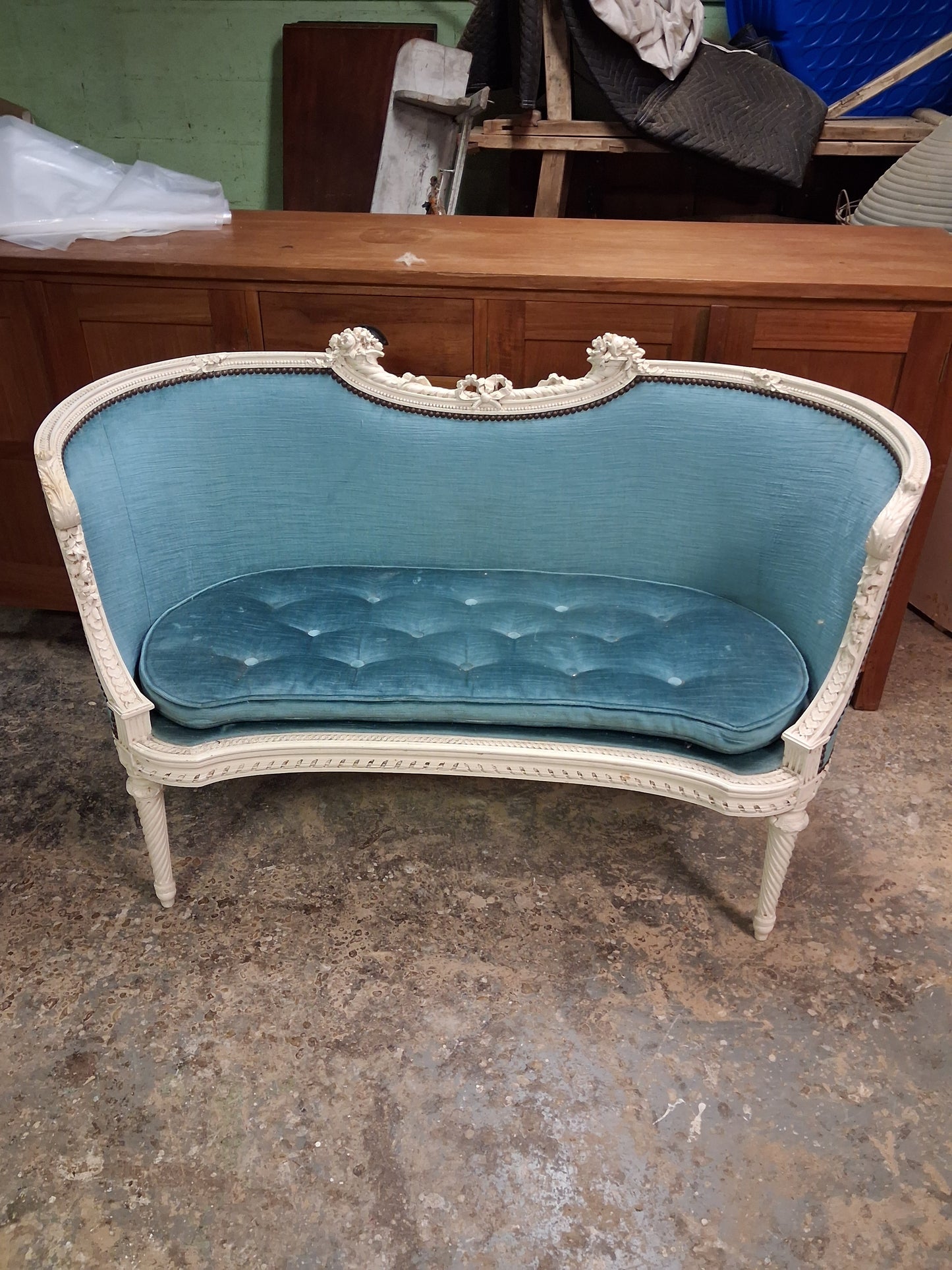 French Louis XVI Style Painted Settee with Tufted Blue Upholstery, Circa 1920