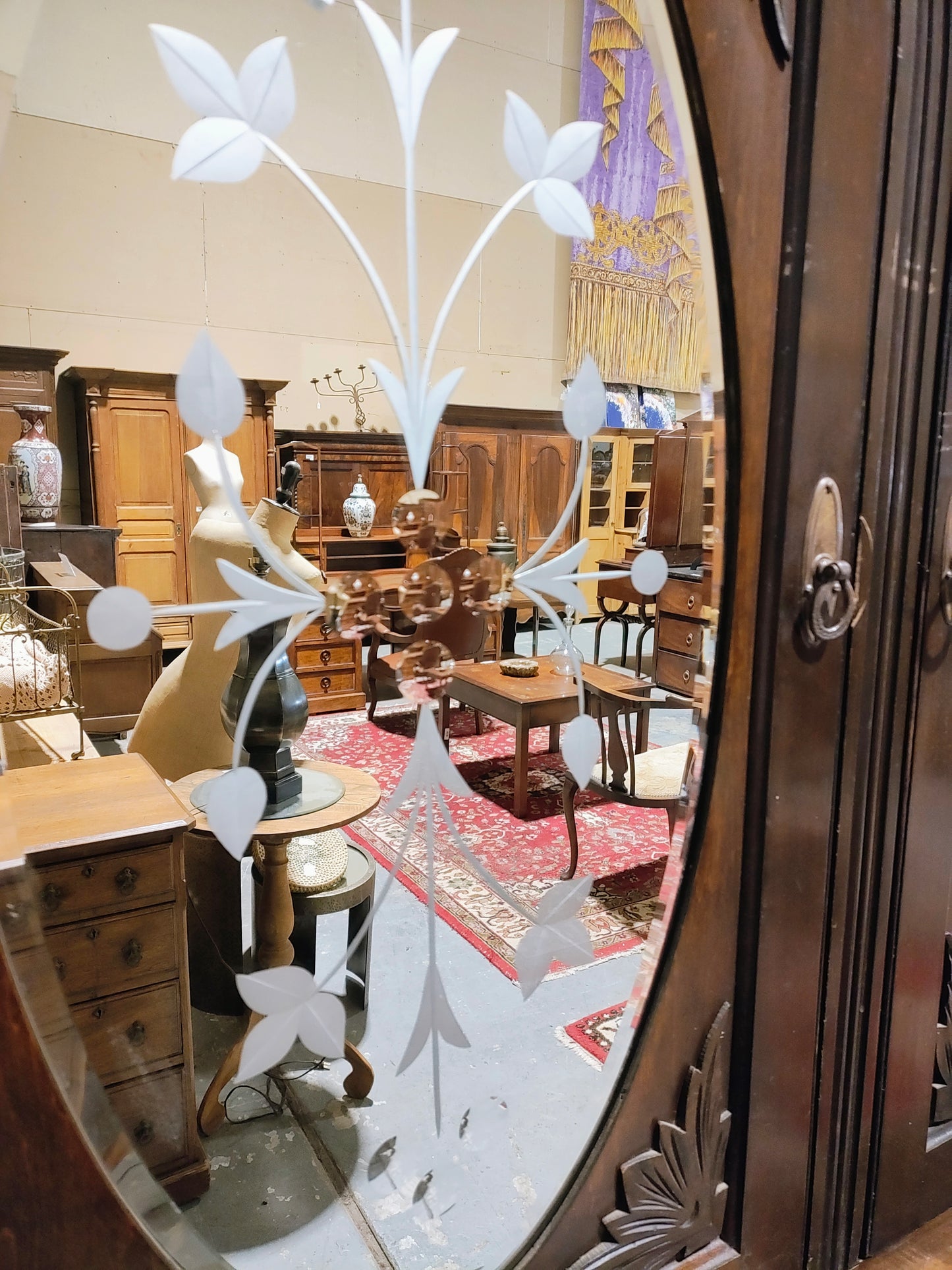 Late 1800s Victorian etched glass hutch
