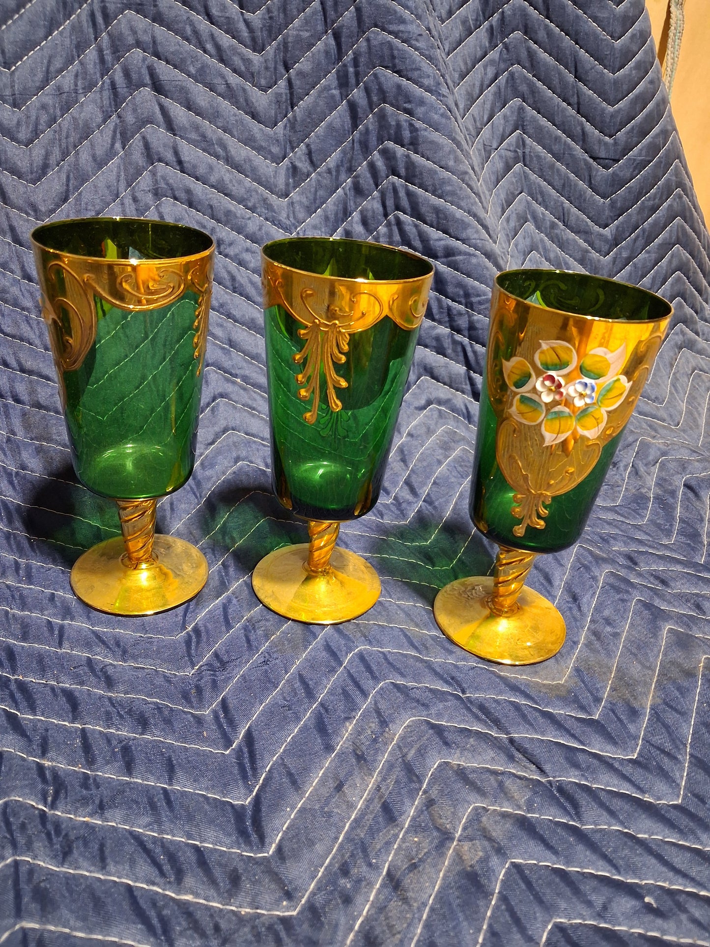Antique Bohemian Emerald Green Art Glass Pitcher and Goblet Set