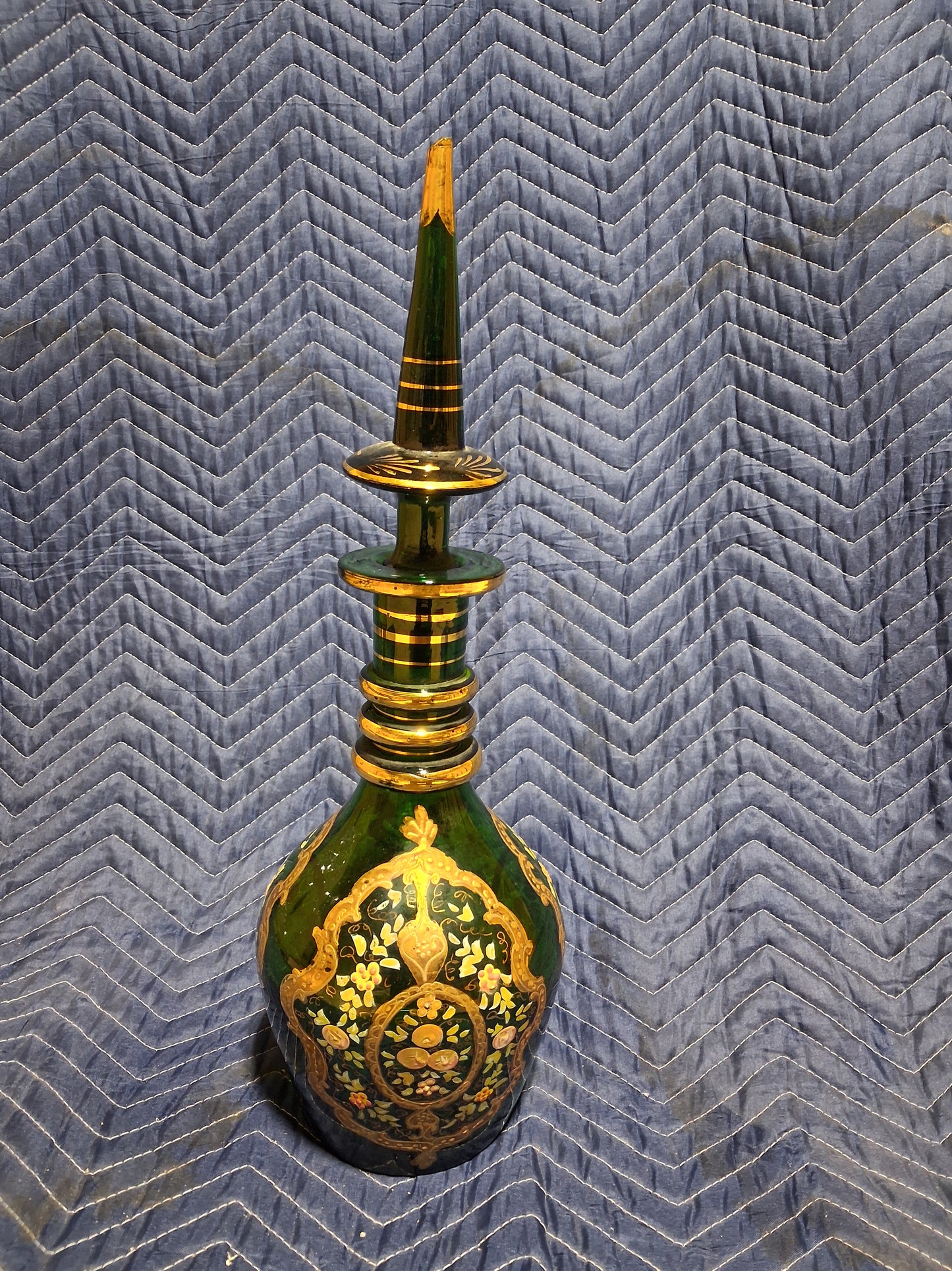 Antique Bohemian Emerald Green Art Glass Decanter with Gilt Decoration
