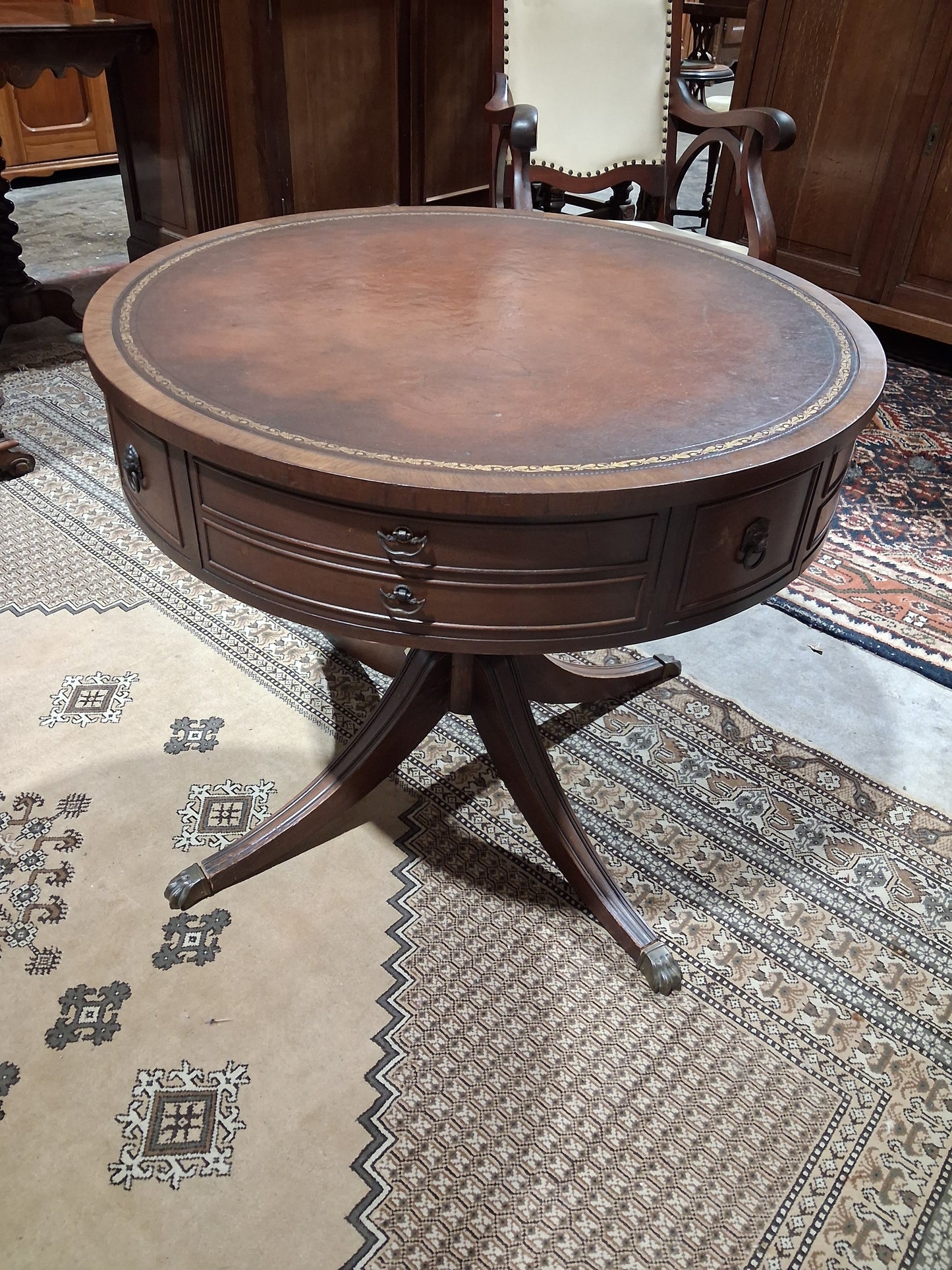 Regency Style Drum Table with Leather Top & Lion’s Paw Feet
