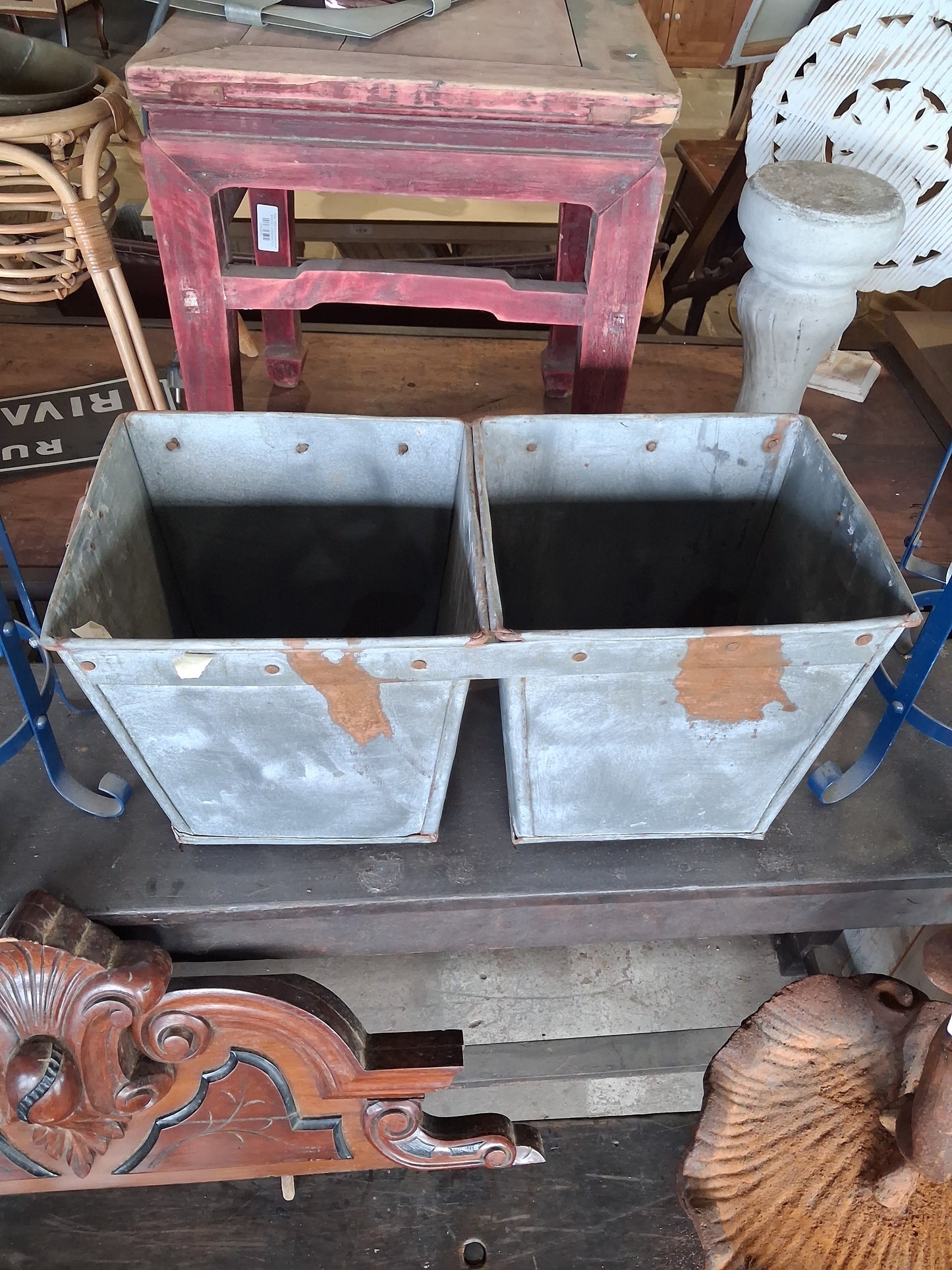 Galvanized metal double-bin planter