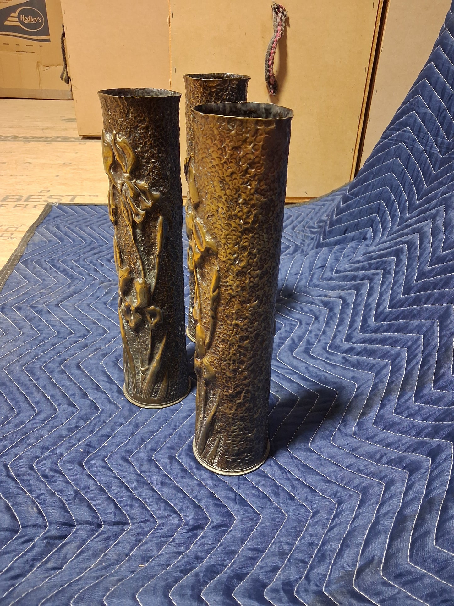 French WWI Trench Art Iris Shell Vase Set, Three 75mm Artillery Casings