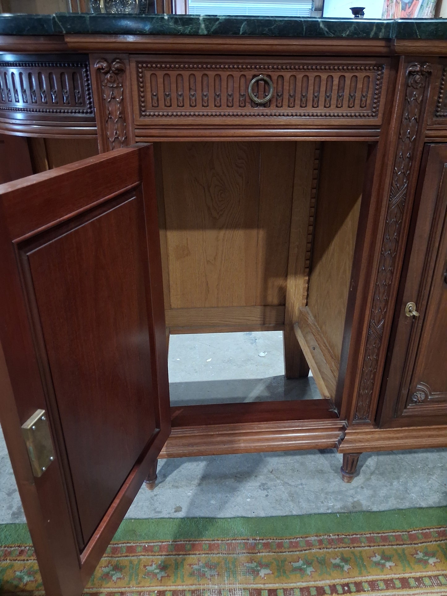 Antique French Louis XVI Revival Mahogany Marble Top Dining Room Suite, Circa 1890