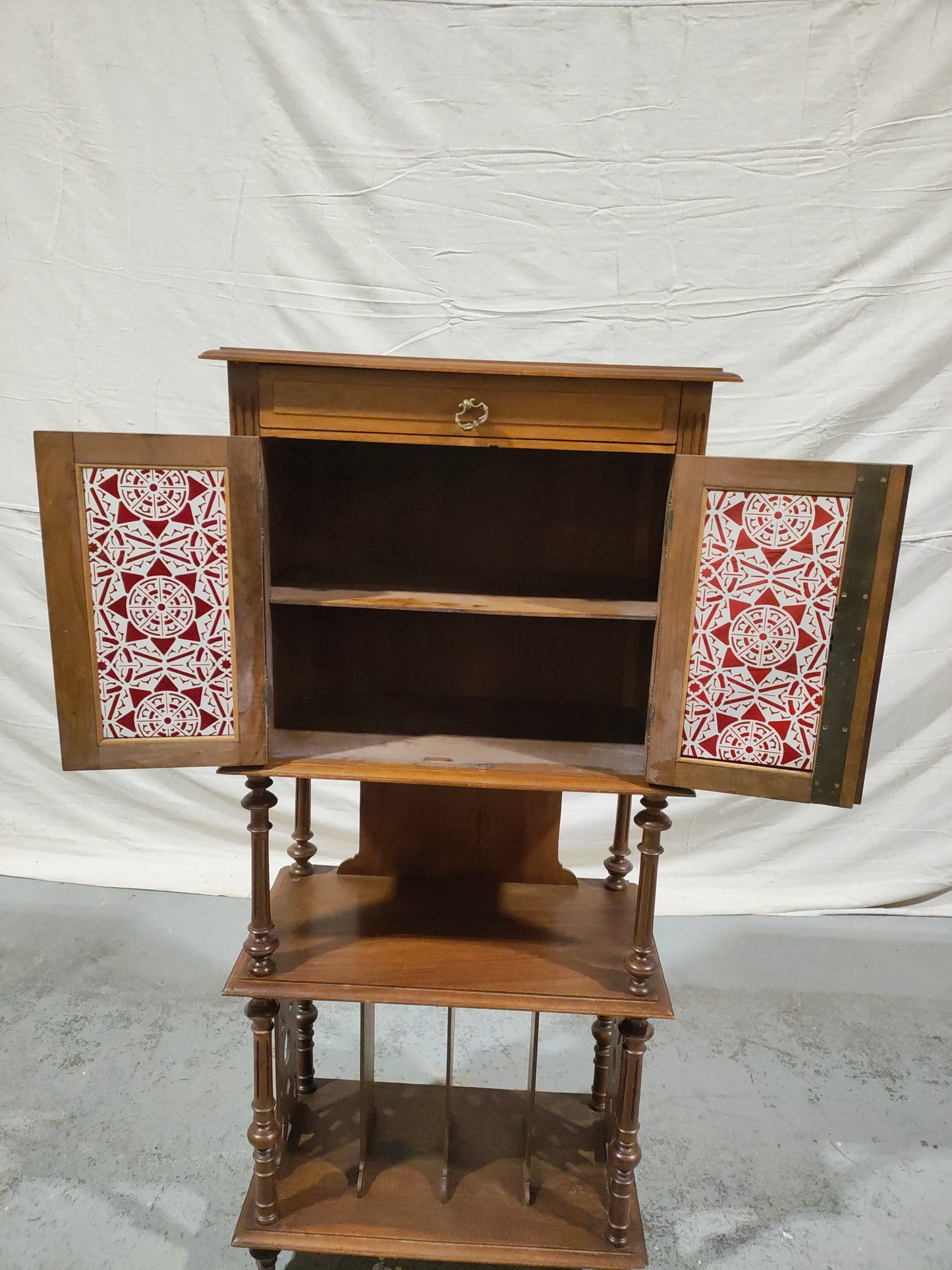 Antique Victorian Walnut Sheet Music Cabinet / Record Cabinet with Patterned Glass