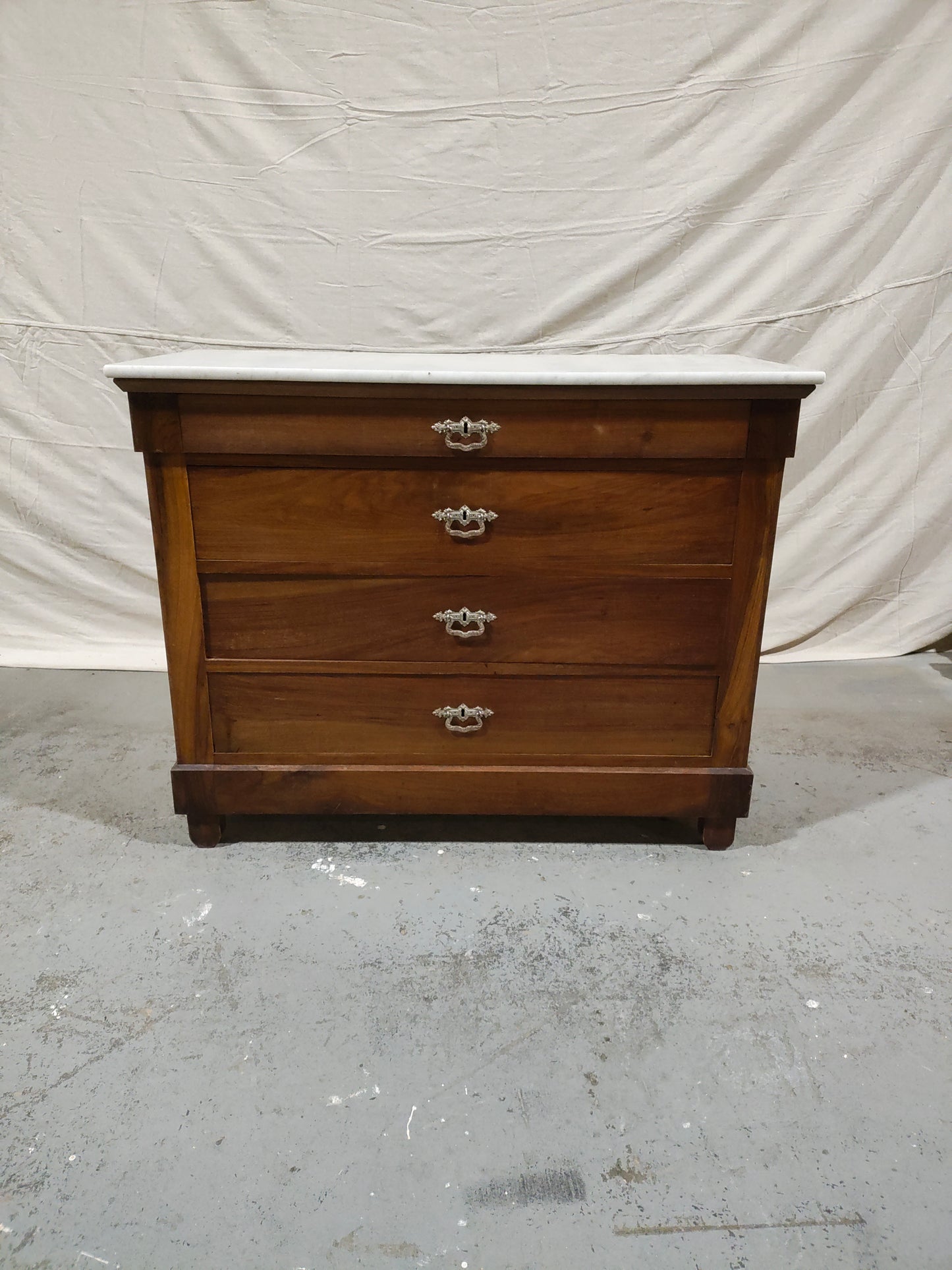 Antique French Louis Philippe Four-Drawer Walnut Commode with Carrara Marble Top