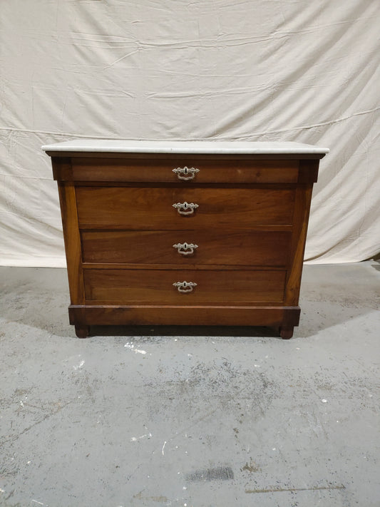 Antique French Louis Philippe Four-Drawer Walnut Commode with Carrara Marble Top