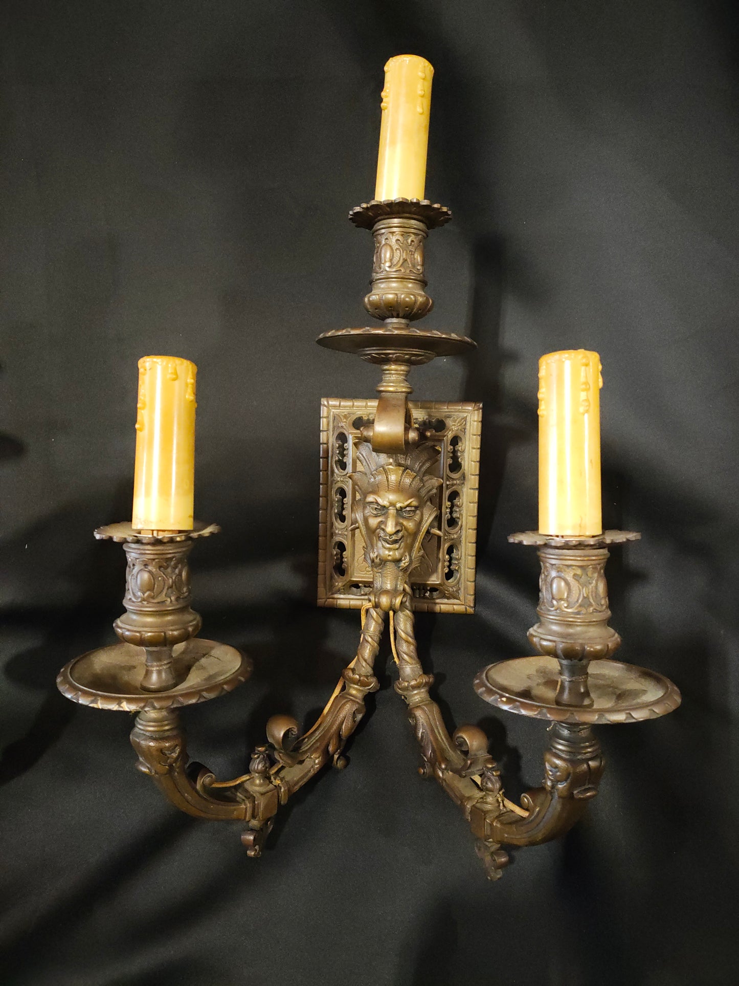Pair of Antique French Renaissance Revival Bronze Figural Wall Sconces