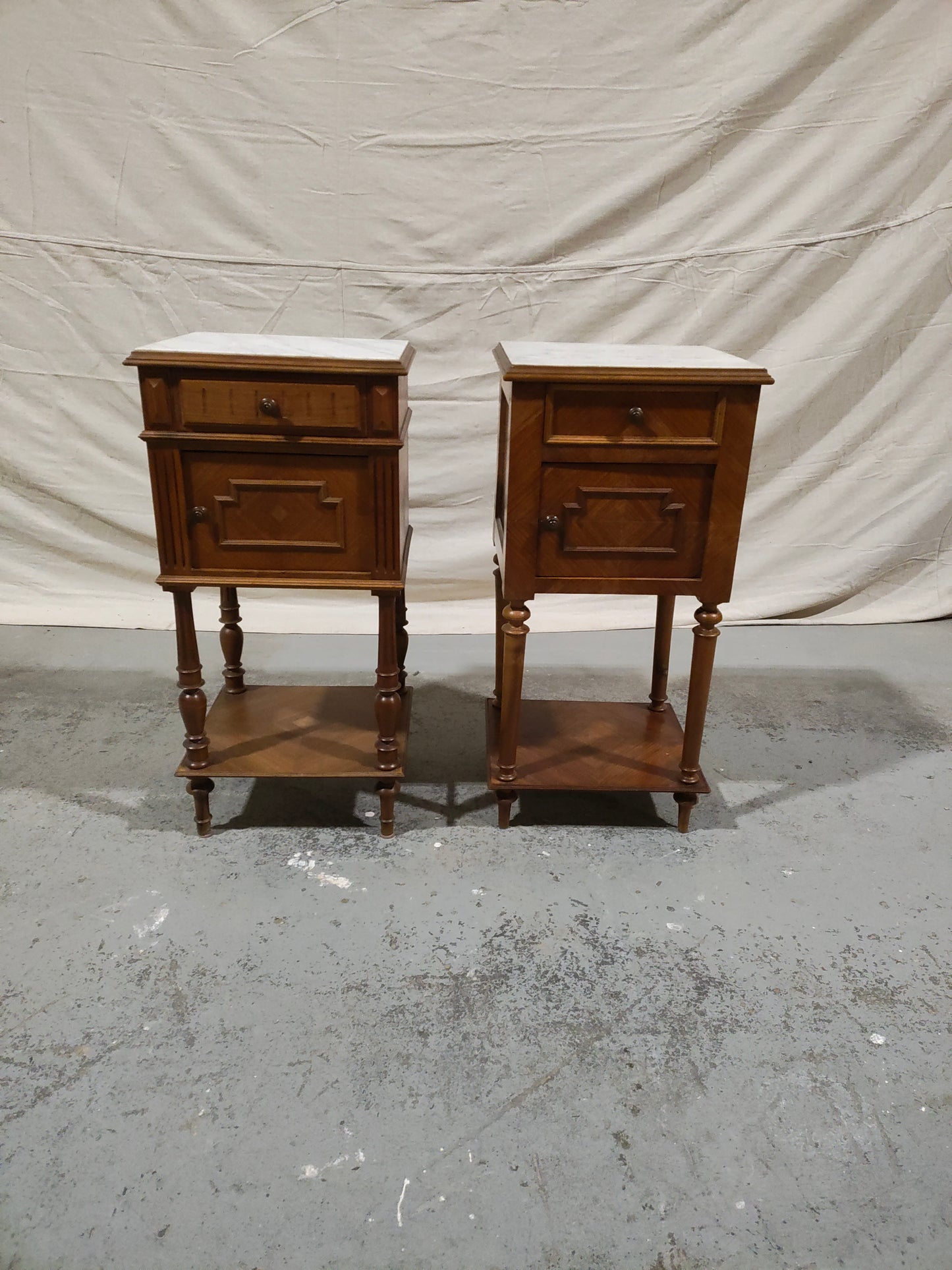 Pair of 19th Century French Louis XVI Style Marble Top Bedside Cabinets