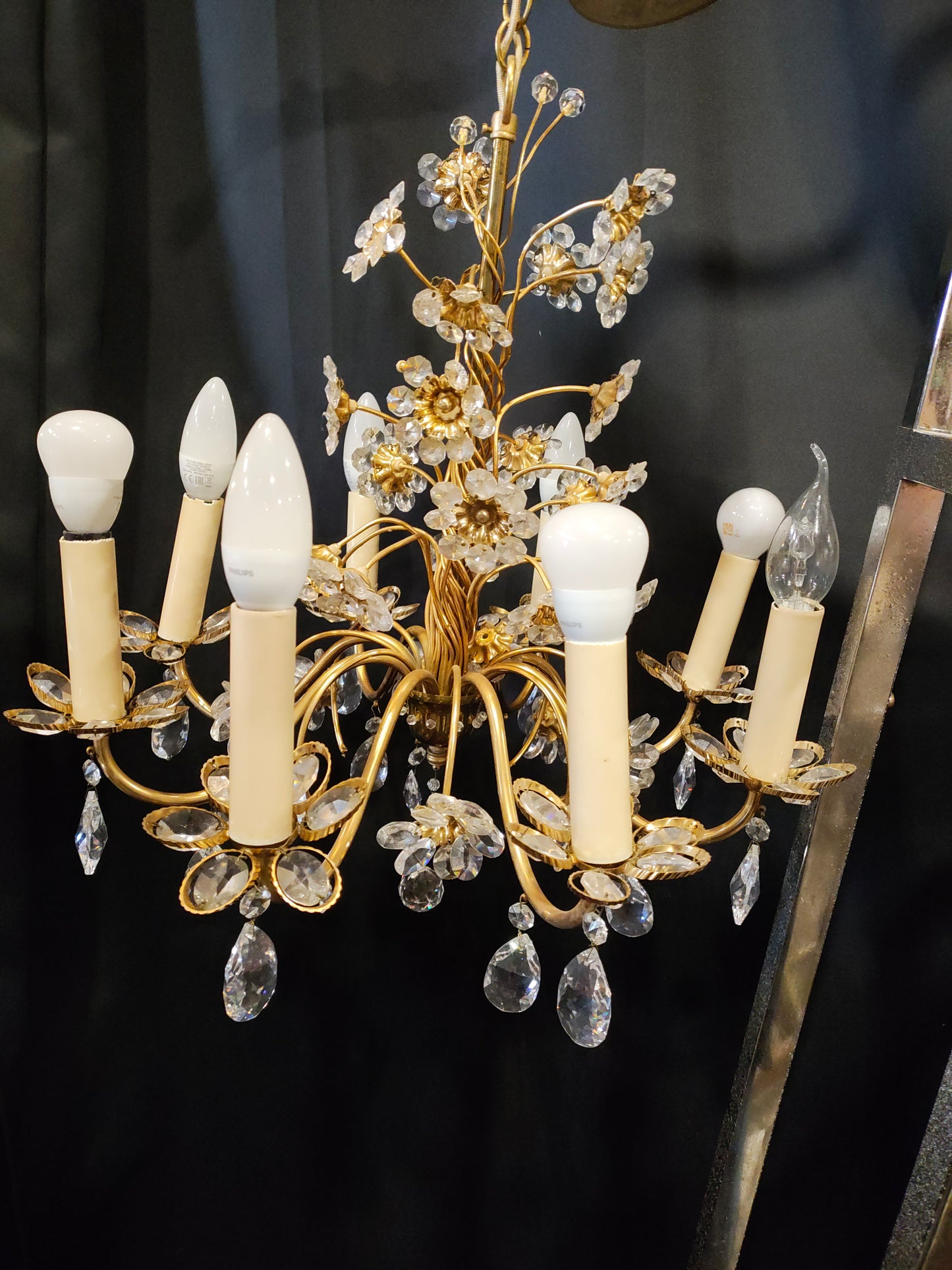 Vintage Italian Crystal Floral Chandelier | Gilt Metal | 8-Light | 1950s
