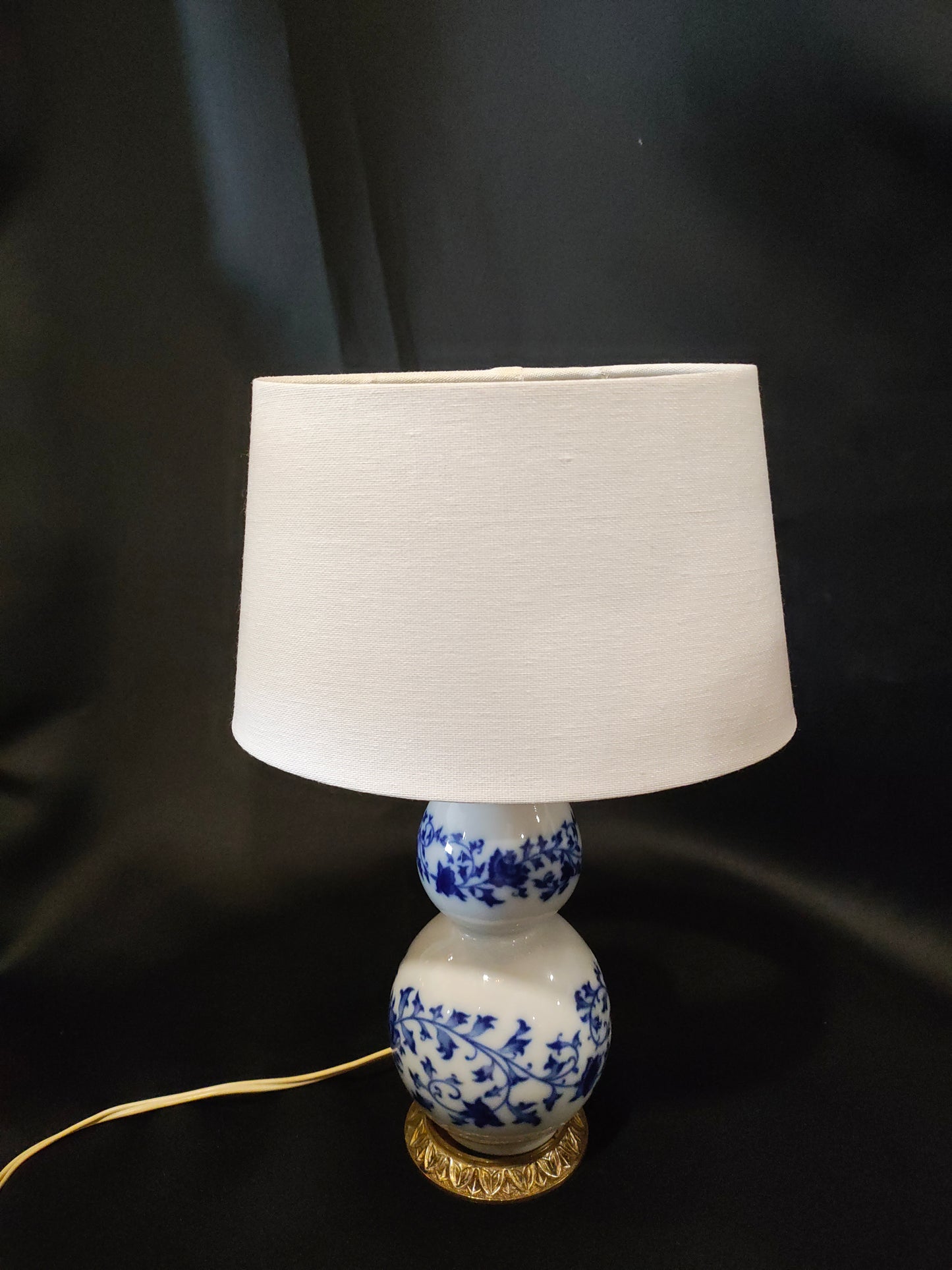 Pair of Chinoiserie Blue & White Double Gourd Porcelain Table Lamps with Gilt Lotus Bases