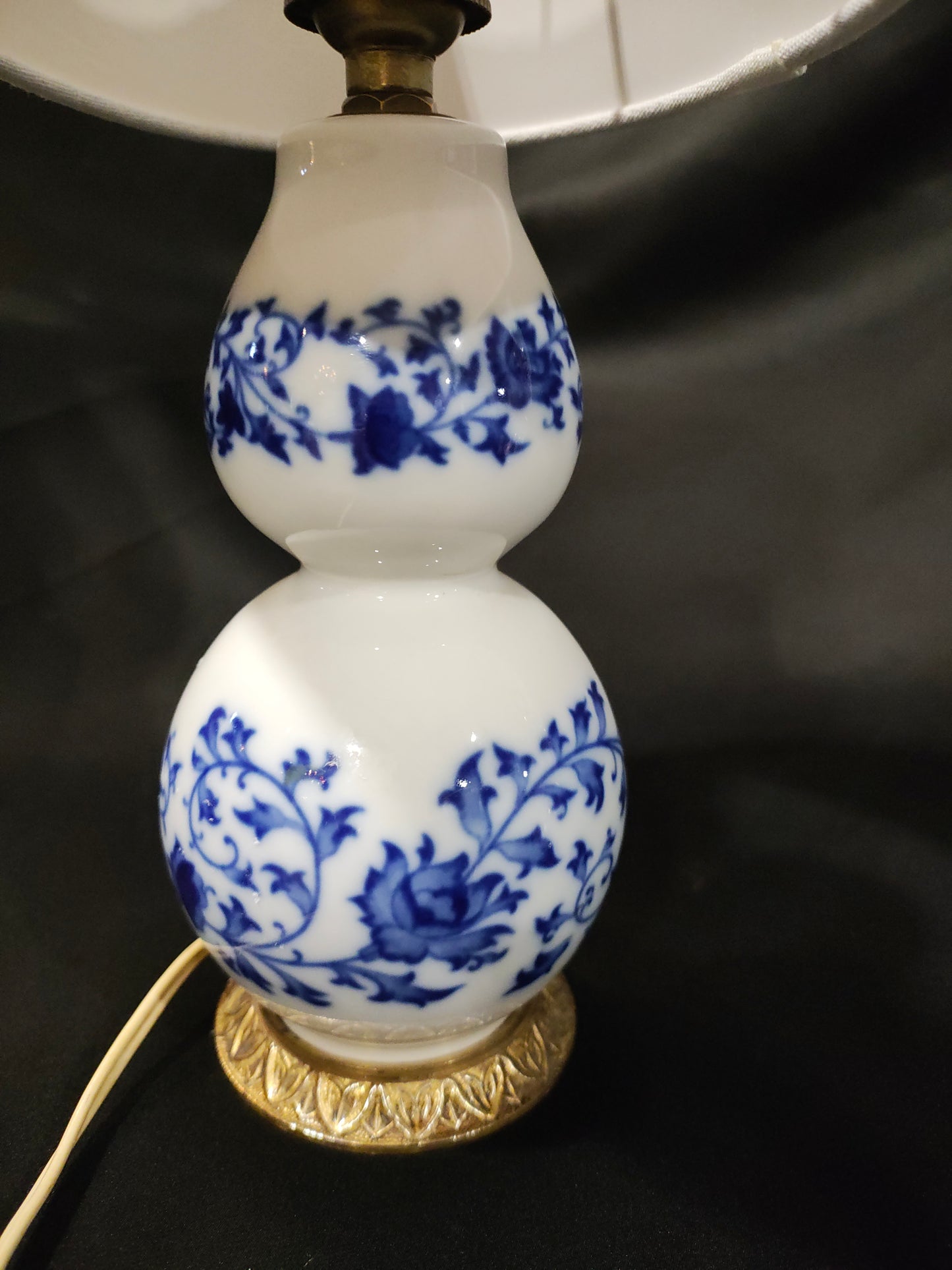 Pair of Chinoiserie Blue & White Double Gourd Porcelain Table Lamps with Gilt Lotus Bases