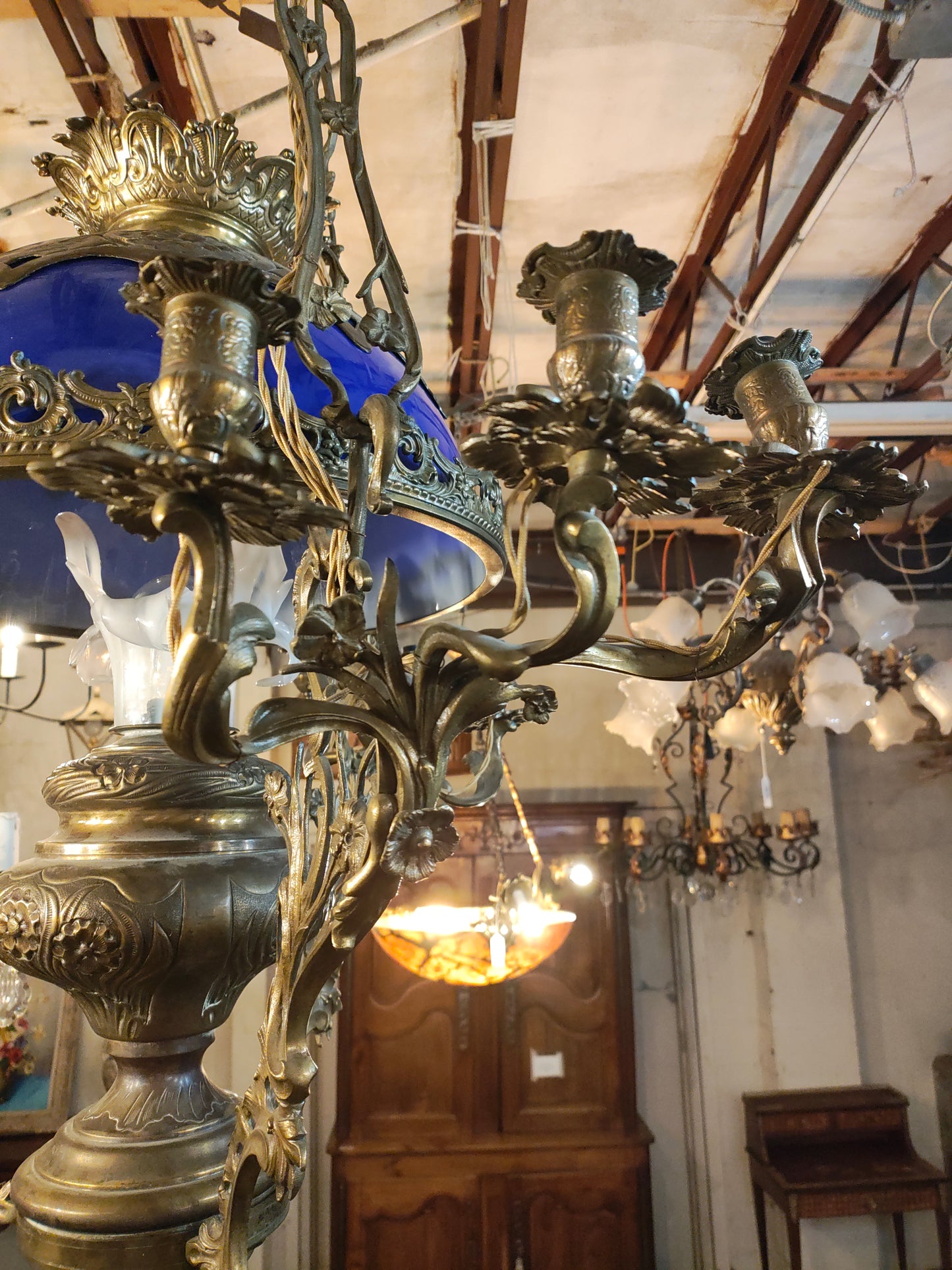 1880s French Bronze and Cobalt Opaline Chandelier – Var Region, Provence