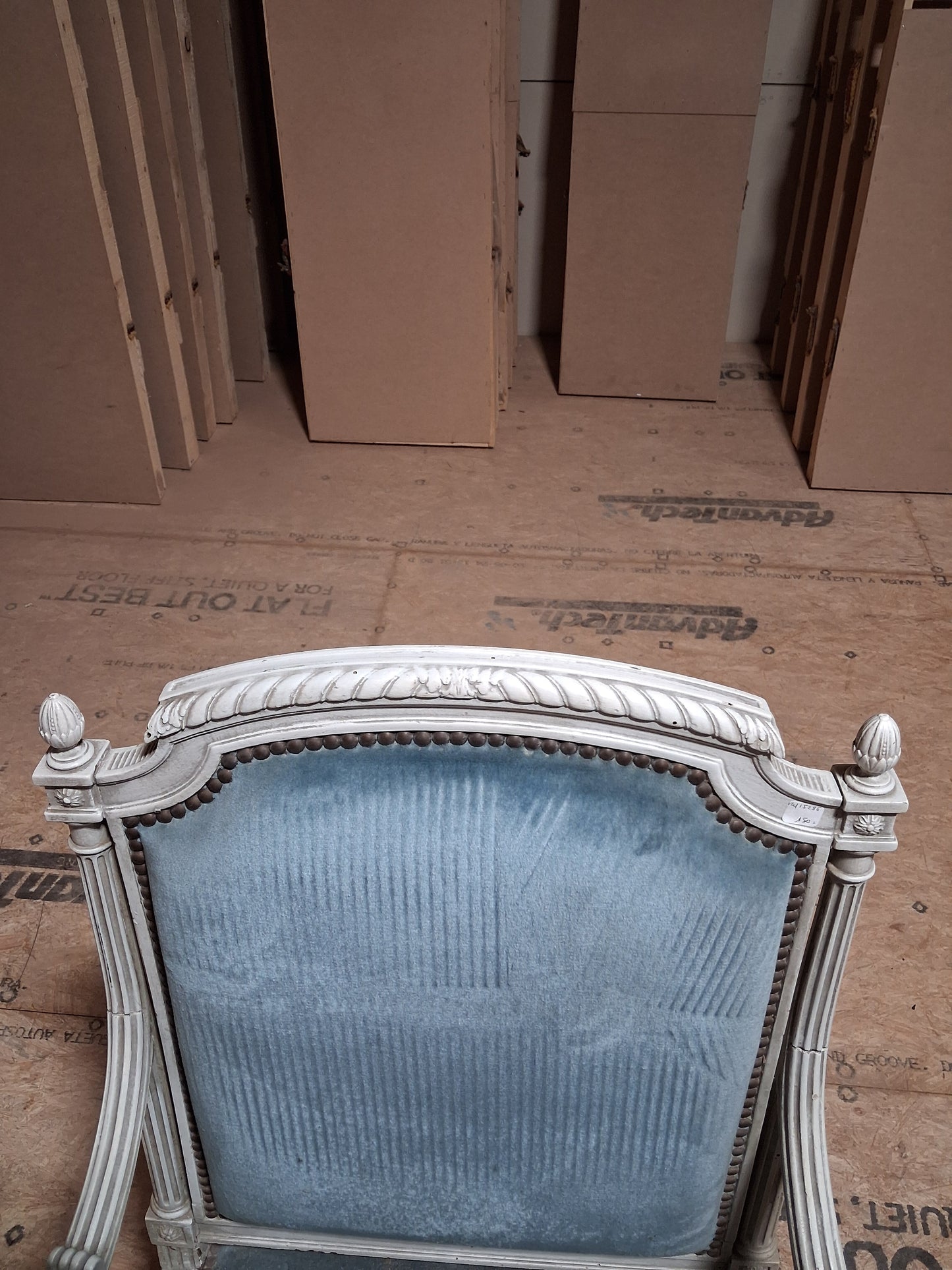 Pair of French Louis XVI Style Painted Fauteuils with Blue Velvet Upholstery