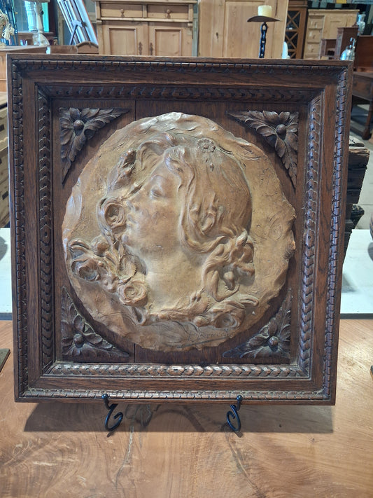 Art Nouveau Maiden Relief Plaque in Carved Oak Frame