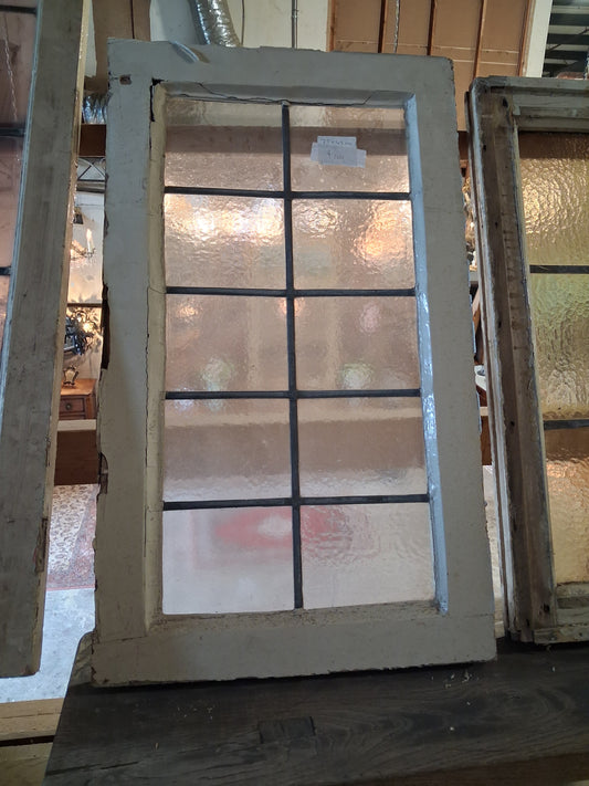 Antique 10-Pane Leaded Glass Window with Painted Wood Frame