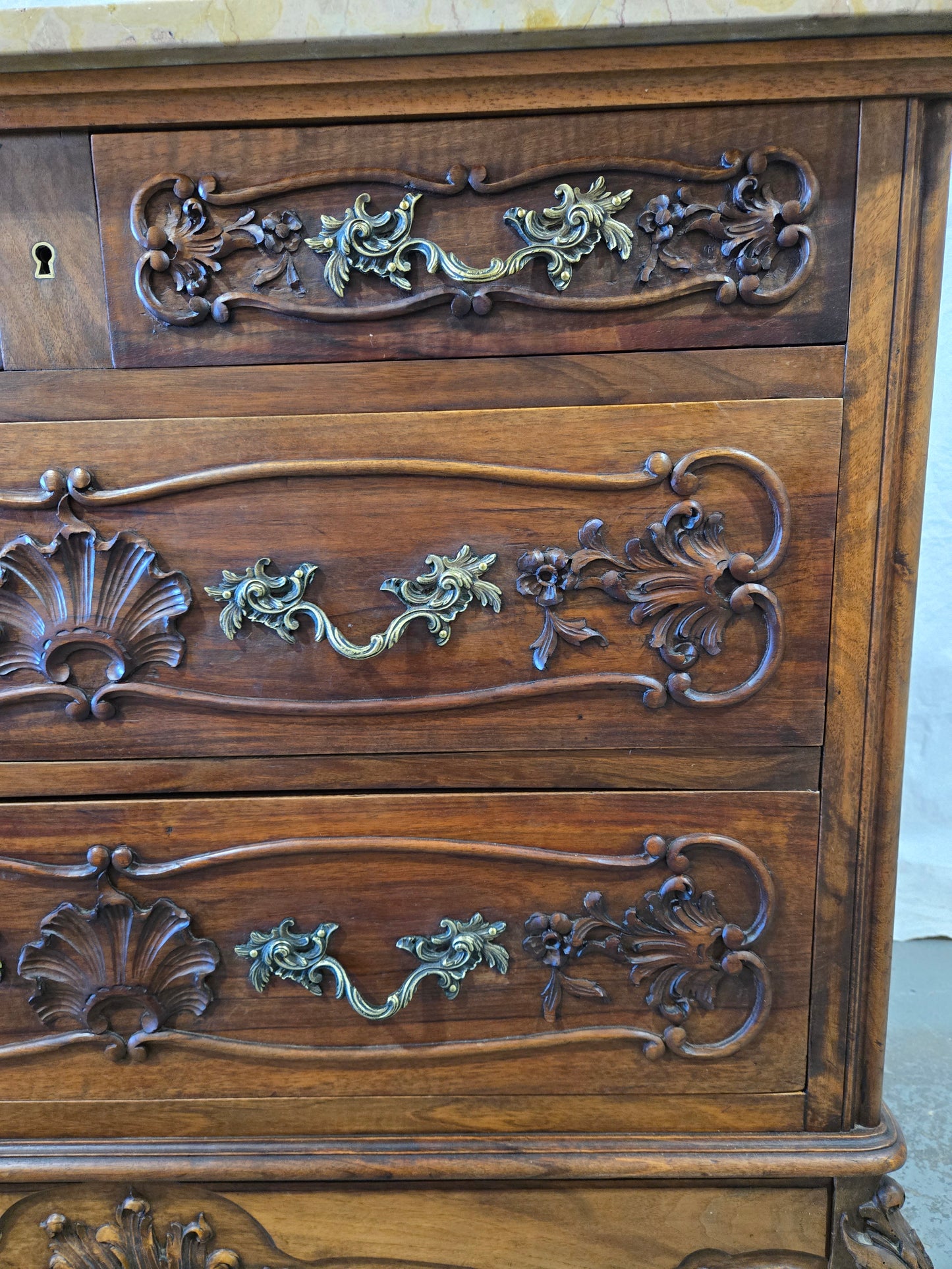 Late 1800s Louis XV oak commode with marble