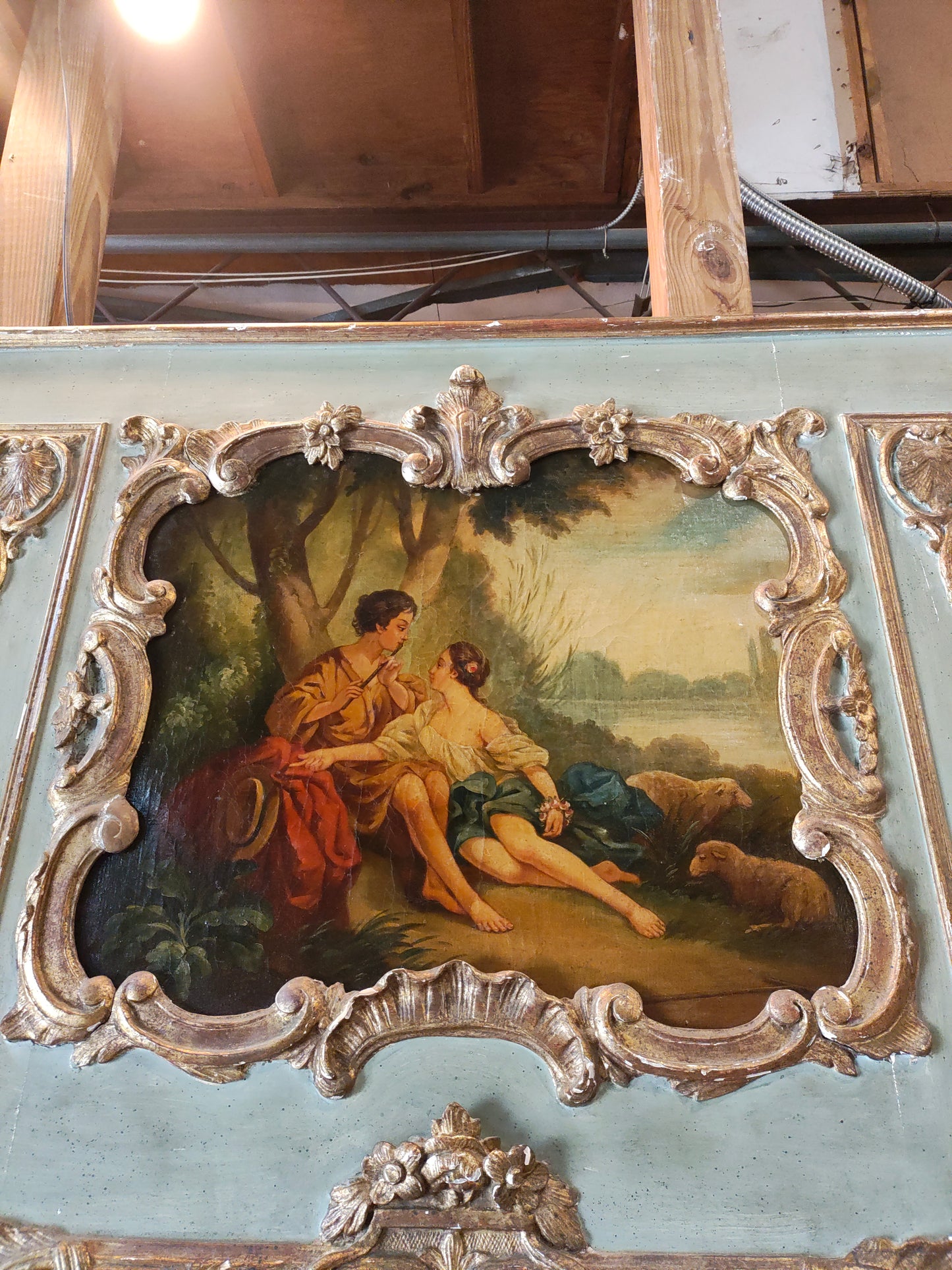 Mid-19th Century French Louis XV Style Trumeau Mantel Mirror with Pastoral Painting