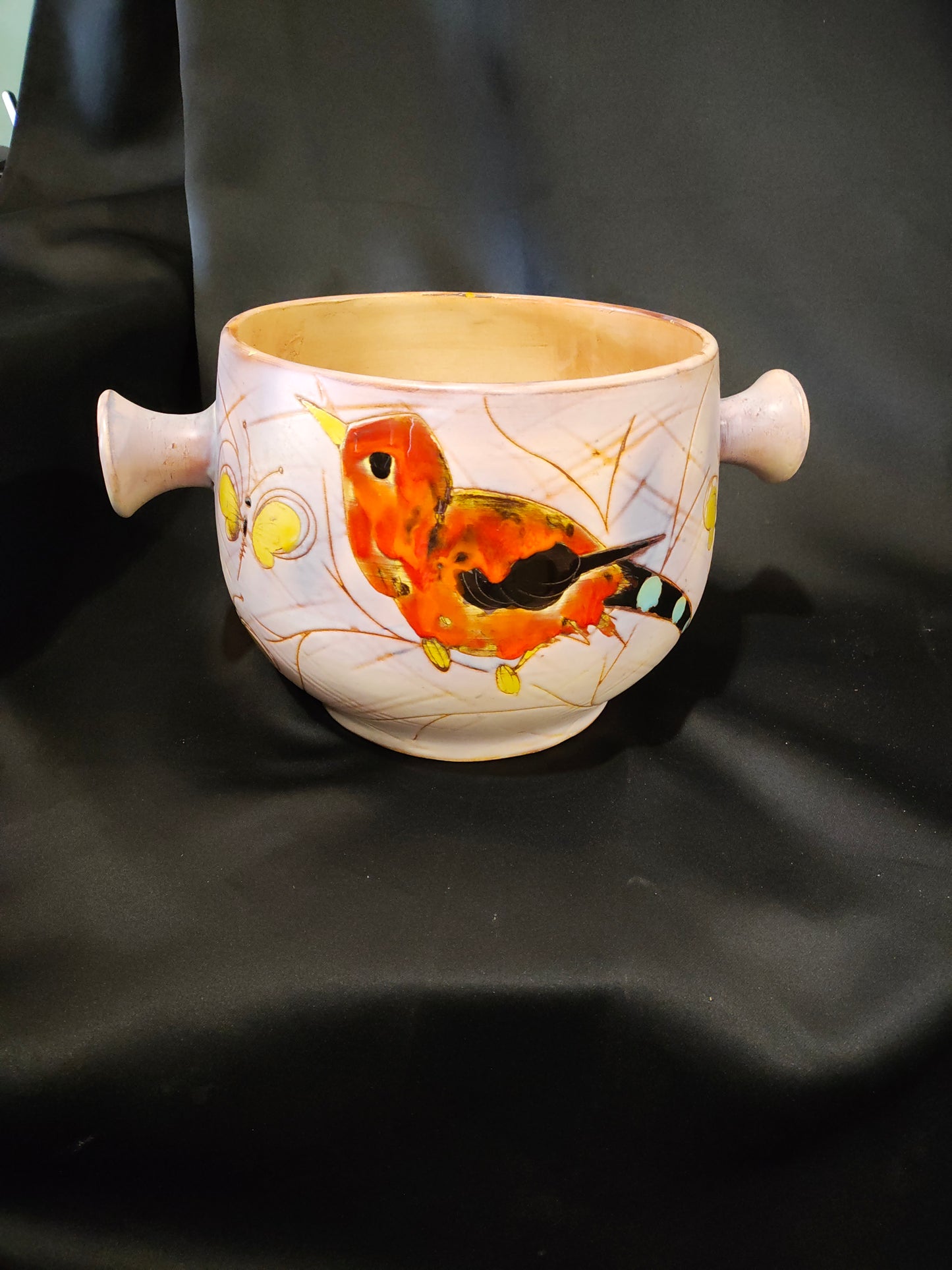 Mid-Century French Vallauris Hand-Painted Bird & Butterfly Art Pottery Bowl