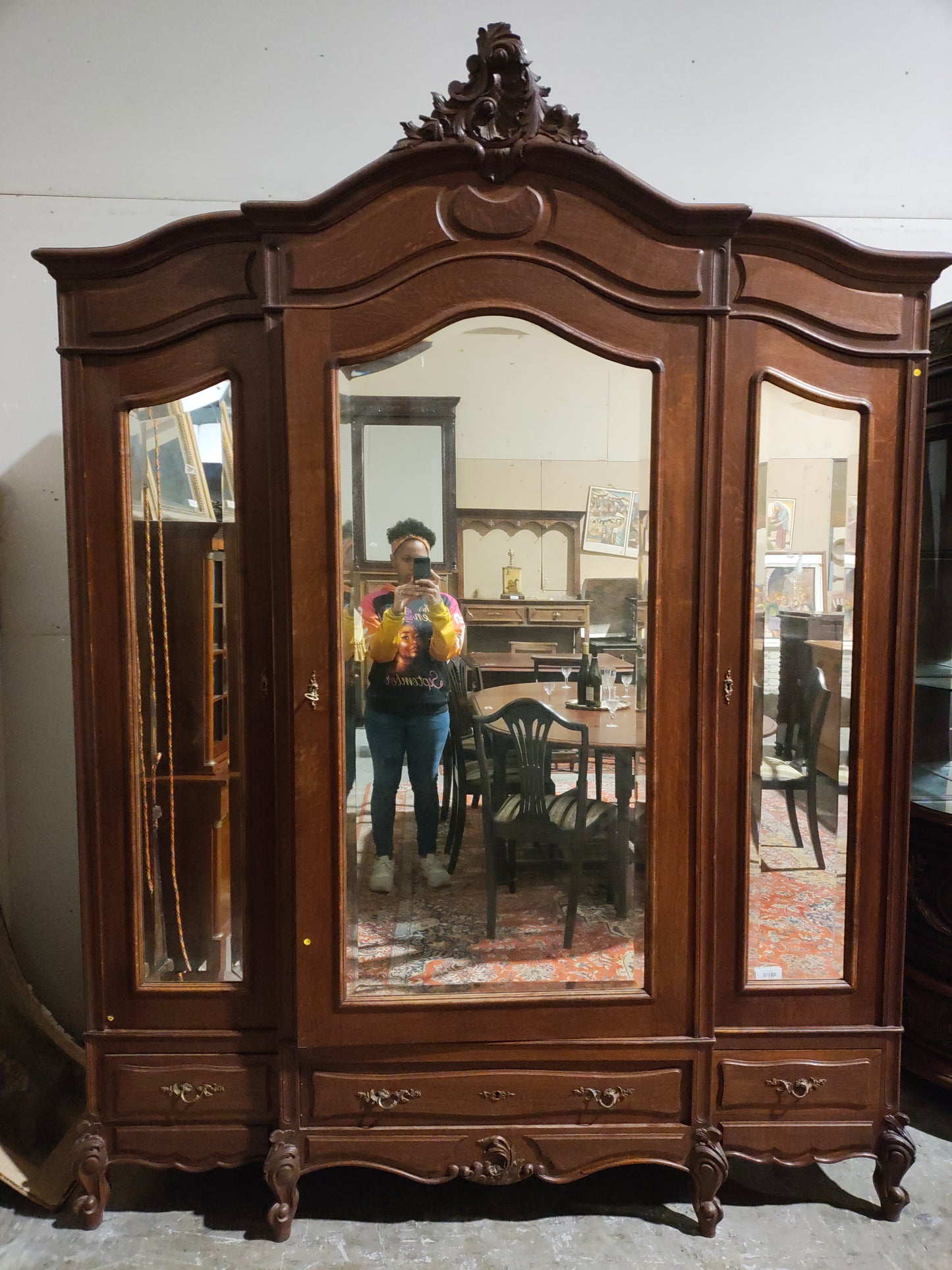 Antique French Louis XV Revival Triple-Door Mirrored Armoire
