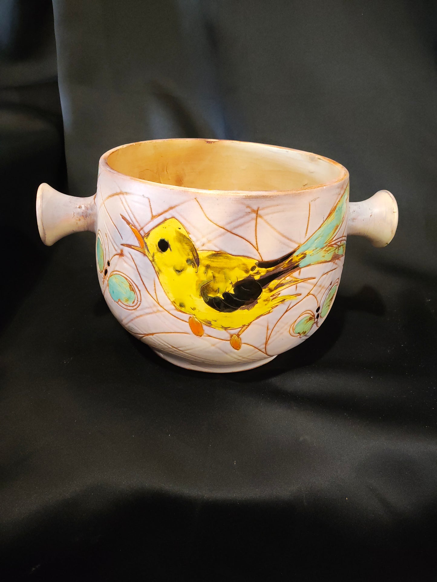 Mid-Century French Vallauris Hand-Painted Bird & Butterfly Art Pottery Bowl