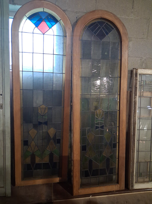 Pair of Arched Arts & Crafts Leaded Stained Glass Windows