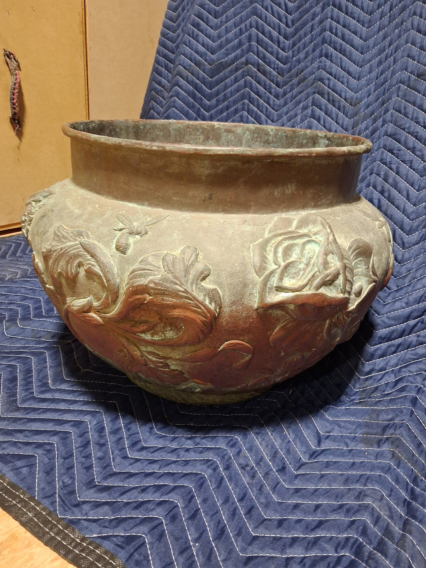 Large French Art Nouveau Copper Jardinière with Floral Relief Decoration