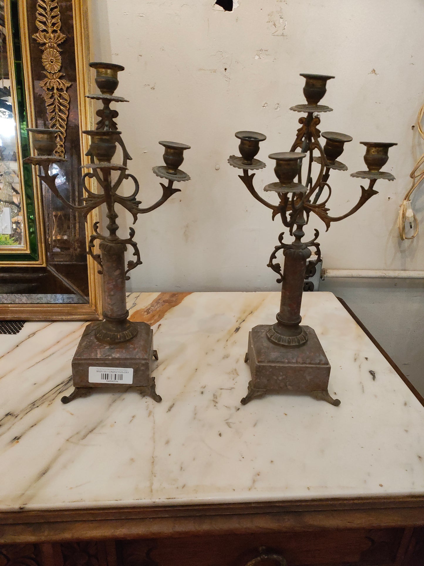 Pair of French Neoclassical Bronze & Stone Candelabras, c. 1880