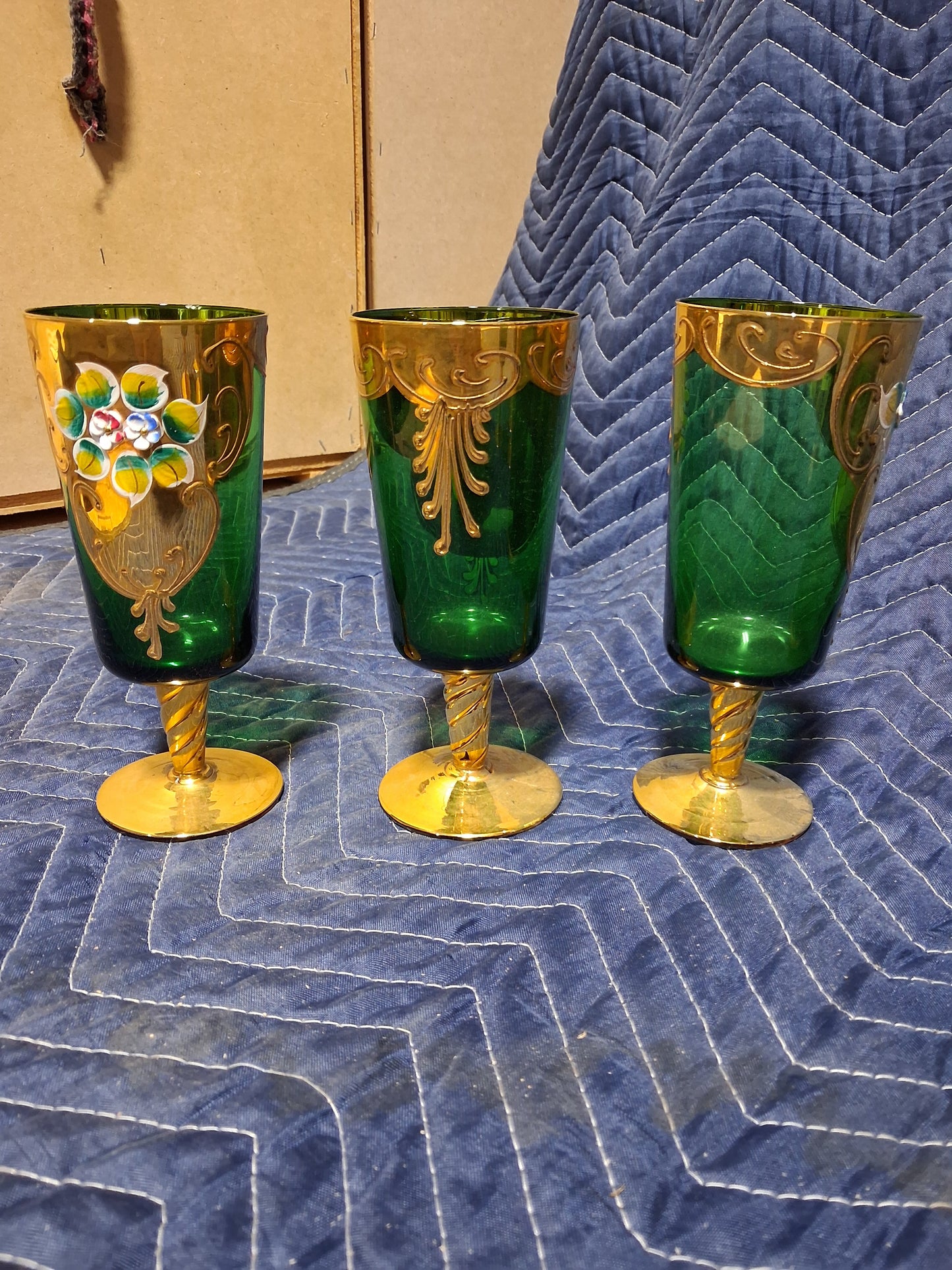 Antique Bohemian Emerald Green Art Glass Pitcher and Goblet Set